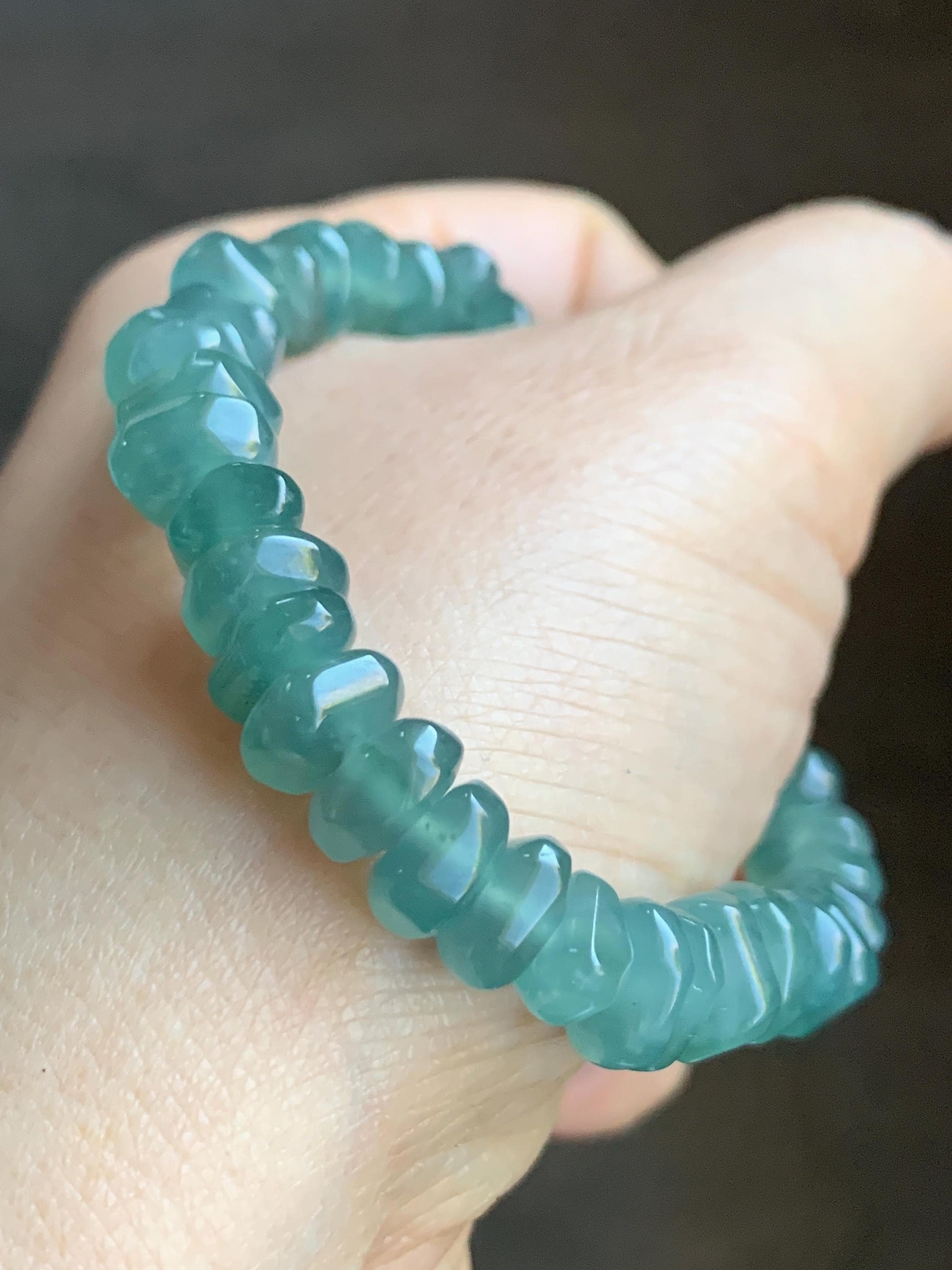 Natural Guatemalan Icy Highly Translucent Teal Blue Jadeite Pomegranate Nugget Beads Beaded Bracelet Stretchy 6.25” 20g 天然冰危蓝水翡翠随形珠手串 No 3