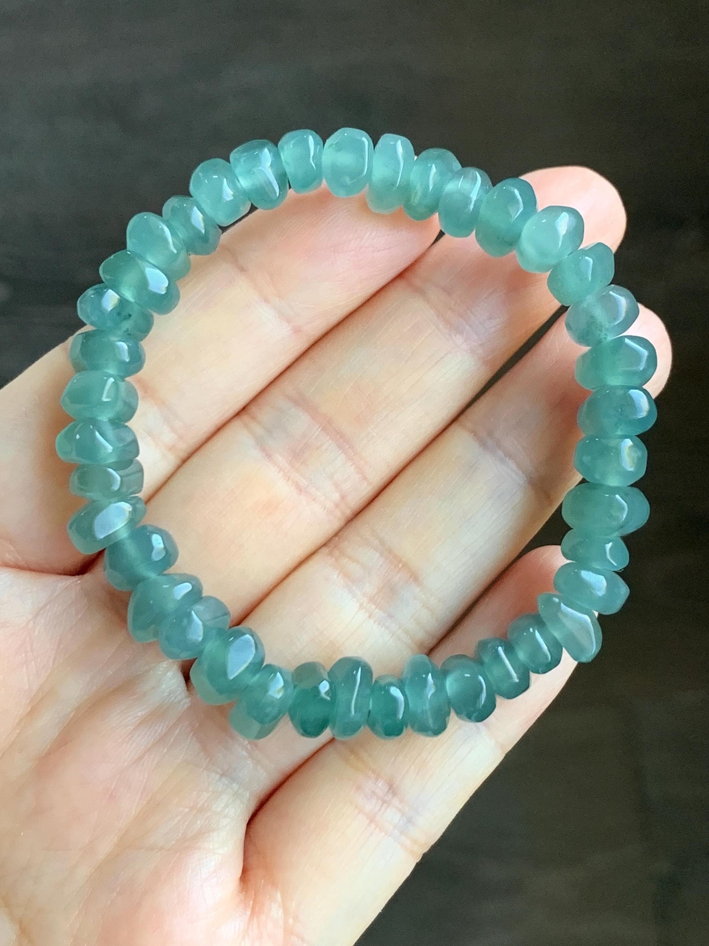 Natural Guatemalan Icy Highly Translucent Teal Blue Jadeite Pomegranate Nugget Beads Beaded Bracelet Stretchy 6.25” 20g 天然冰危蓝水翡翠随形珠手串 No 3
