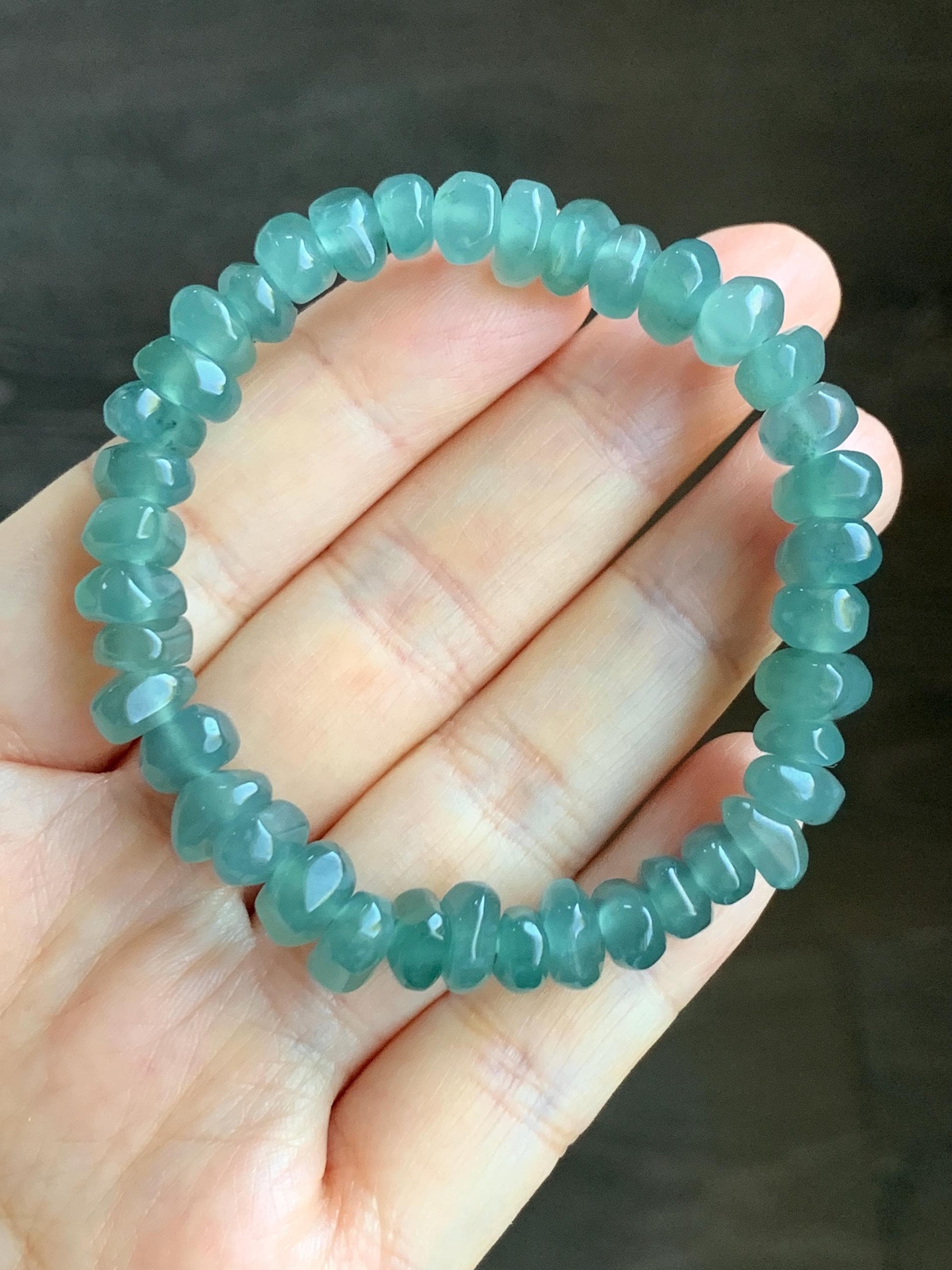 Natural Guatemalan Icy Highly Translucent Teal Blue Jadeite Pomegranate Nugget Beads Beaded Bracelet Stretchy 6.25” 20g 天然冰危蓝水翡翠随形珠手串 No 3