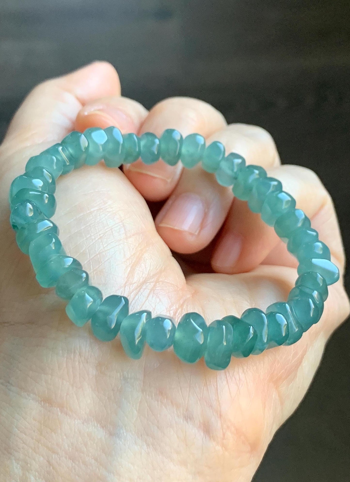Natural Guatemalan Icy Highly Translucent Teal Blue Jadeite Pomegranate Nugget Beads Beaded Bracelet Stretchy 6.25” 20g 天然冰危蓝水翡翠随形珠手串 No 3