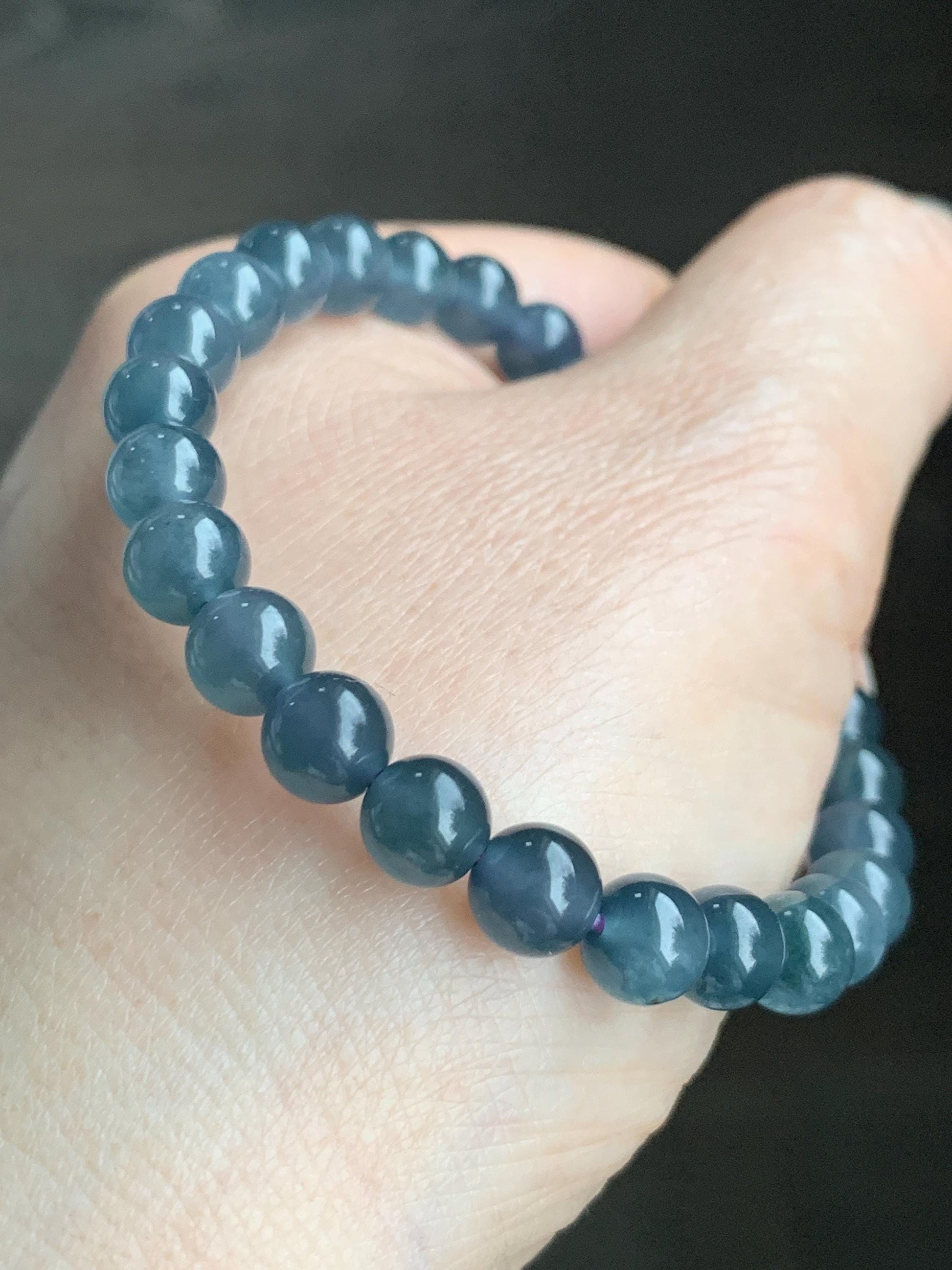 Natural Grade A Guatemalan Icy Highly Translucent Gelatinous Aegean Blue Jadeite Beaded Bracelet w/ Whale Tail Charm 6.8mm 6.75"