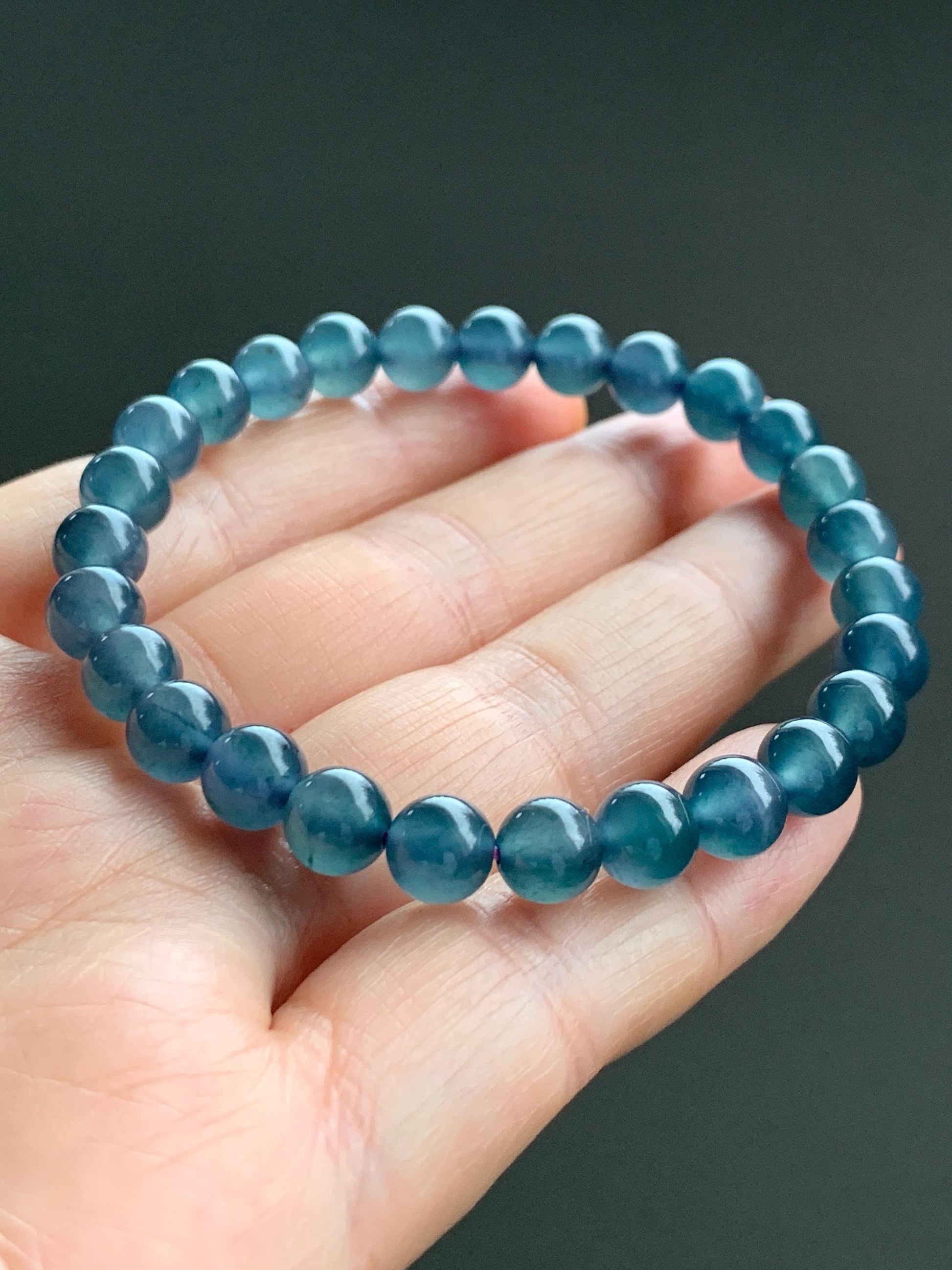 Natural Grade A Guatemalan Icy Highly Translucent Gelatinous Aegean Blue Jadeite Beaded Bracelet w/ Whale Tail Charm 6.8mm 6.75"