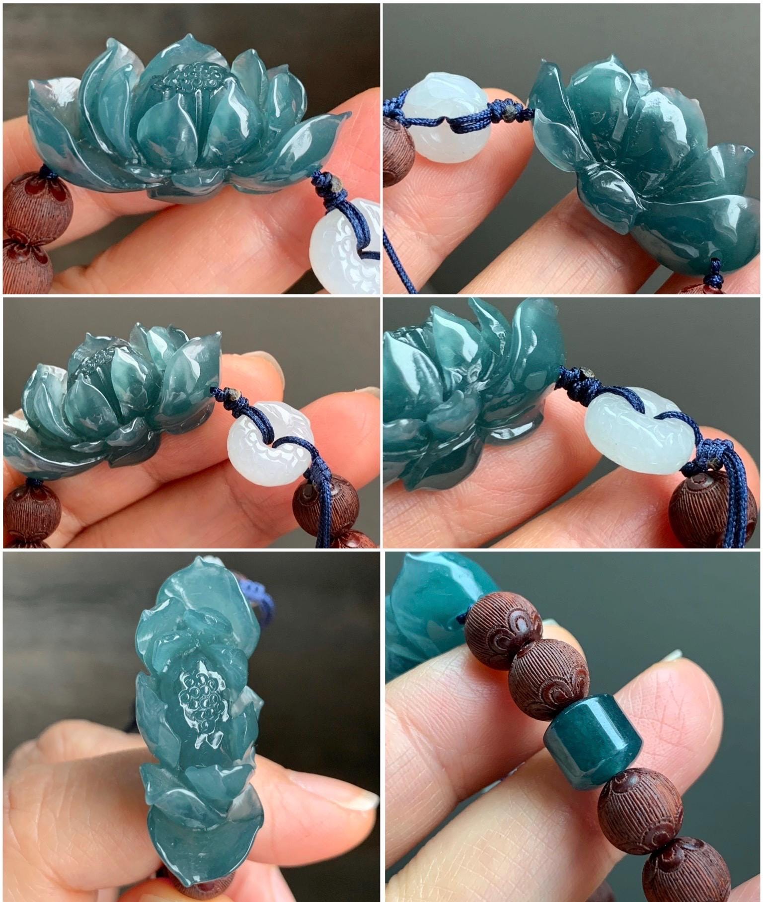 Stunning Natural Guatemalan Icy Translucent Jadeite Carved 3D Lotus Flower Dragon Donut Wood Beads Beaded Bracelet 6.75” 天然冰胶危蓝翡翠立体莲花龙扣木珠手串
