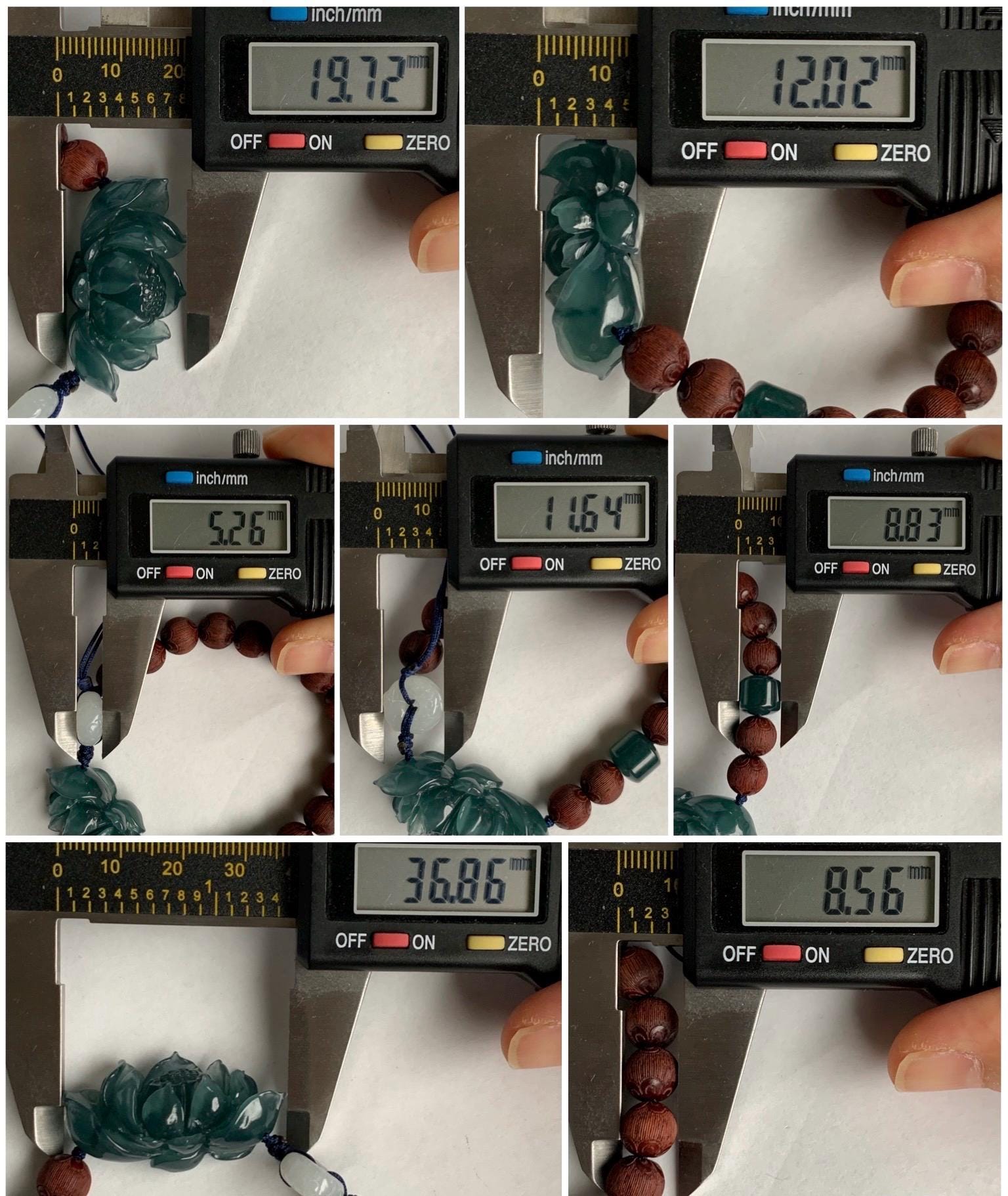 Stunning Natural Guatemalan Icy Translucent Jadeite Carved 3D Lotus Flower Dragon Donut Wood Beads Beaded Bracelet 6.75” 天然冰胶危蓝翡翠立体莲花龙扣木珠手串