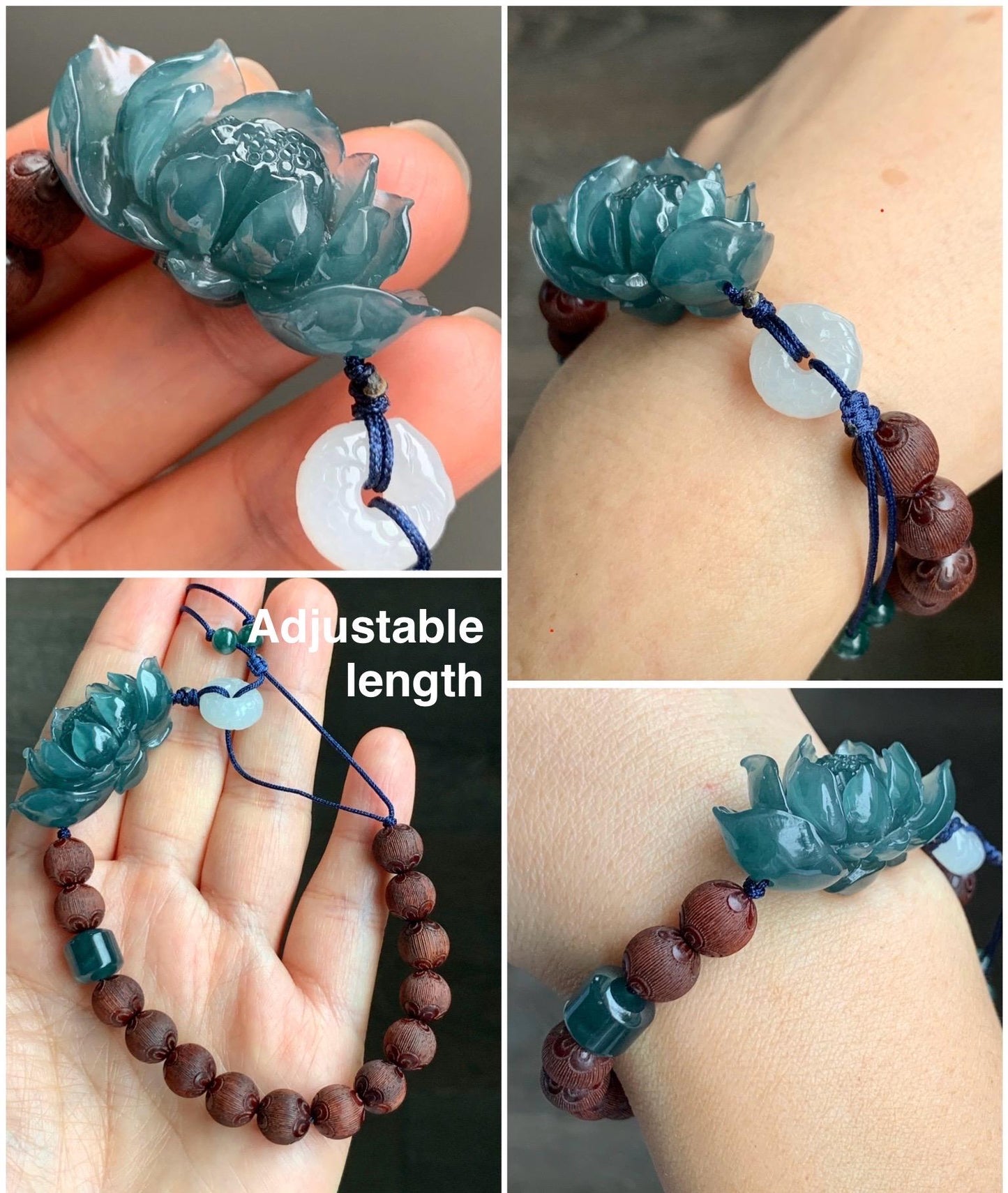 Stunning Natural Guatemalan Icy Translucent Jadeite Carved 3D Lotus Flower Dragon Donut Wood Beads Beaded Bracelet 6.75” 天然冰胶危蓝翡翠立体莲花龙扣木珠手串