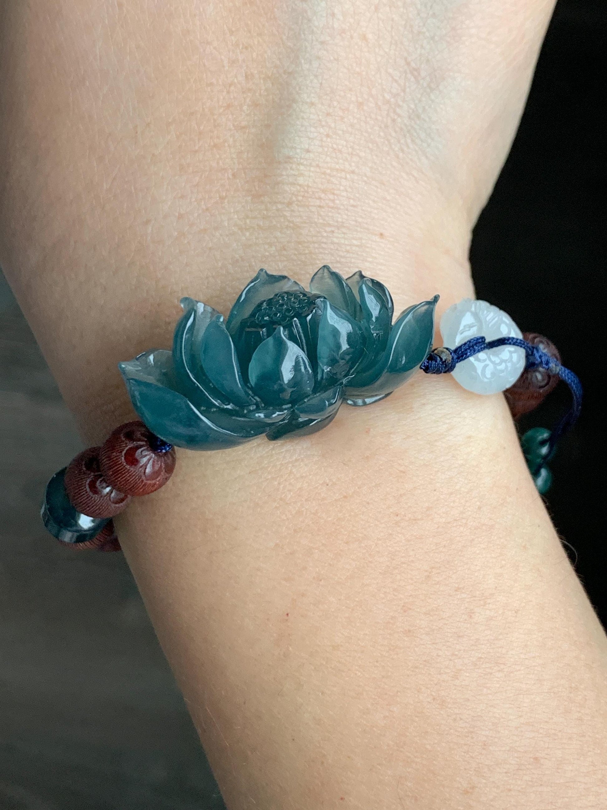 Stunning Natural Guatemalan Icy Translucent Jadeite Carved 3D Lotus Flower Dragon Donut Wood Beads Beaded Bracelet 6.75” 天然冰胶危蓝翡翠立体莲花龙扣木珠手串