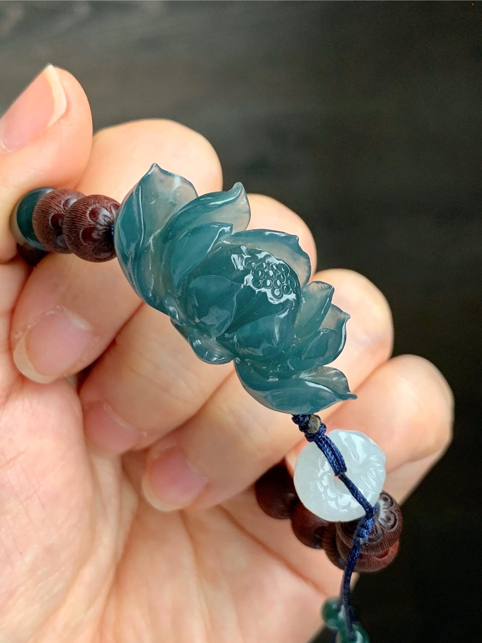 Stunning Natural Guatemalan Icy Translucent Jadeite Carved 3D Lotus Flower Dragon Donut Wood Beads Beaded Bracelet 6.75” 天然冰胶危蓝翡翠立体莲花龙扣木珠手串