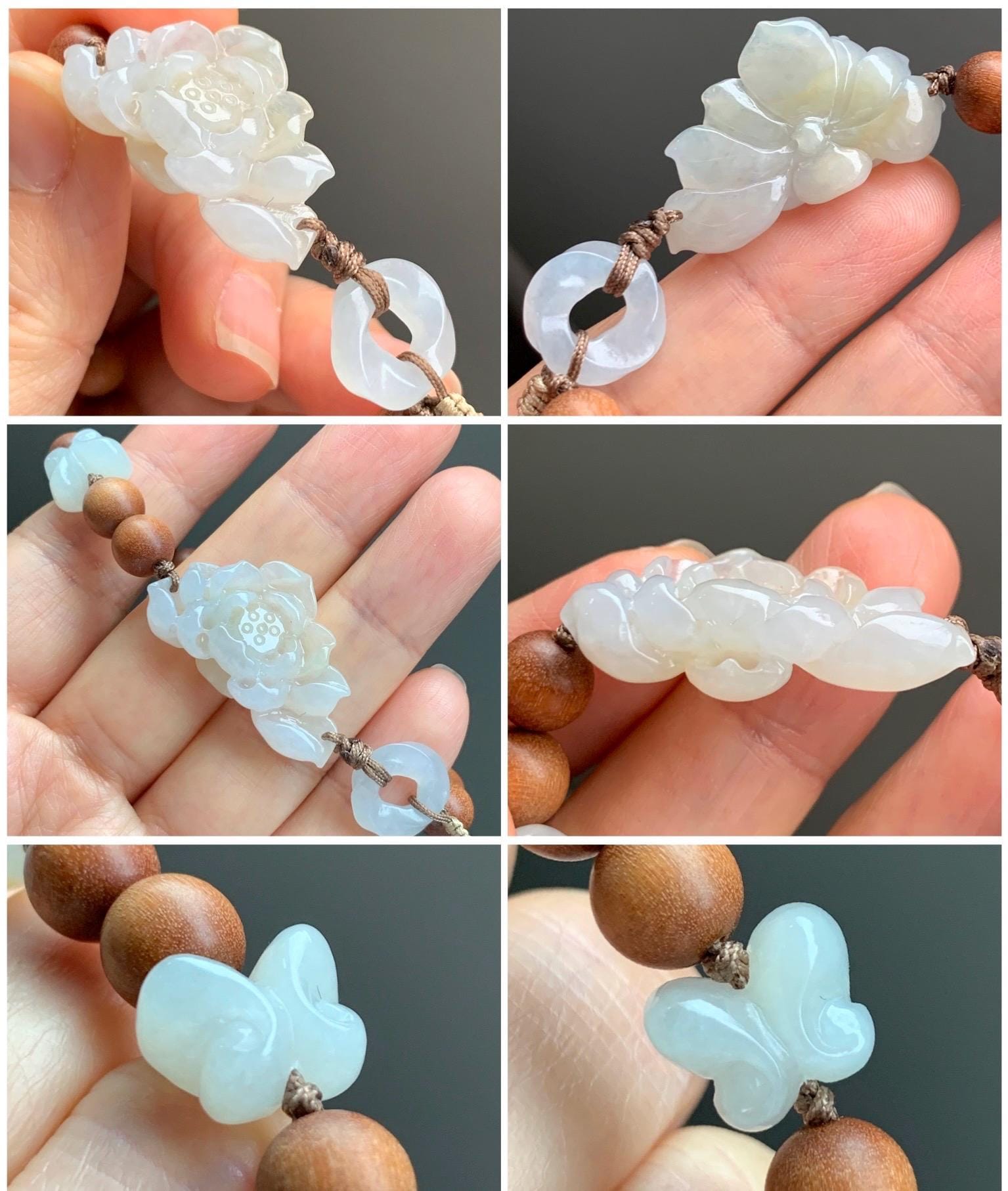 Stunning Natural Icy Translucent Light Beige Jadeite Carved 3D Lotus Flower Donut Butterfly Wood Beads Beaded Bracelet 6.75” 天然起胶冰糖黄翡翠莲花木珠手串