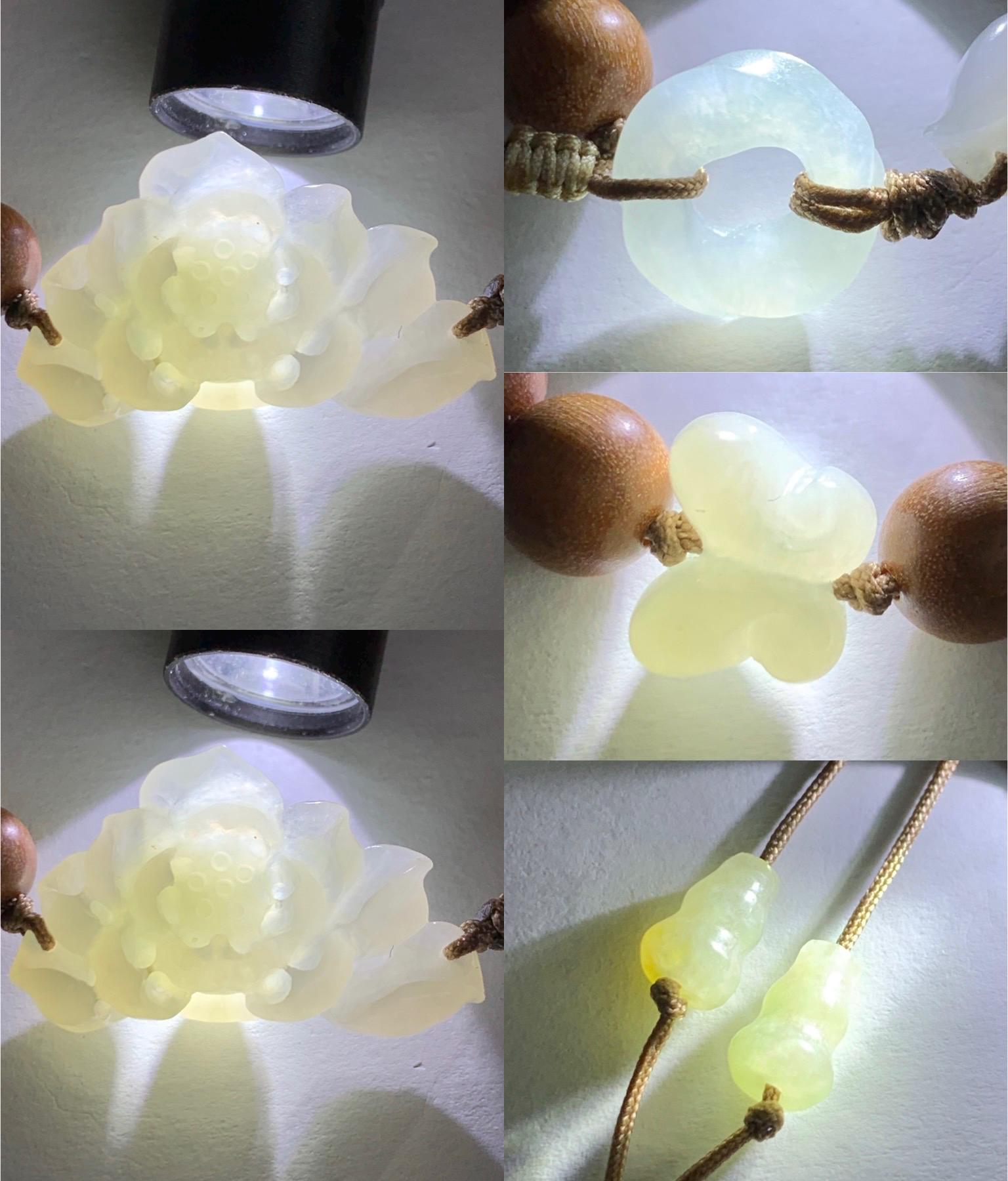Stunning Natural Icy Translucent Light Beige Jadeite Carved 3D Lotus Flower Donut Butterfly Wood Beads Beaded Bracelet 6.75” 天然起胶冰糖黄翡翠莲花木珠手串
