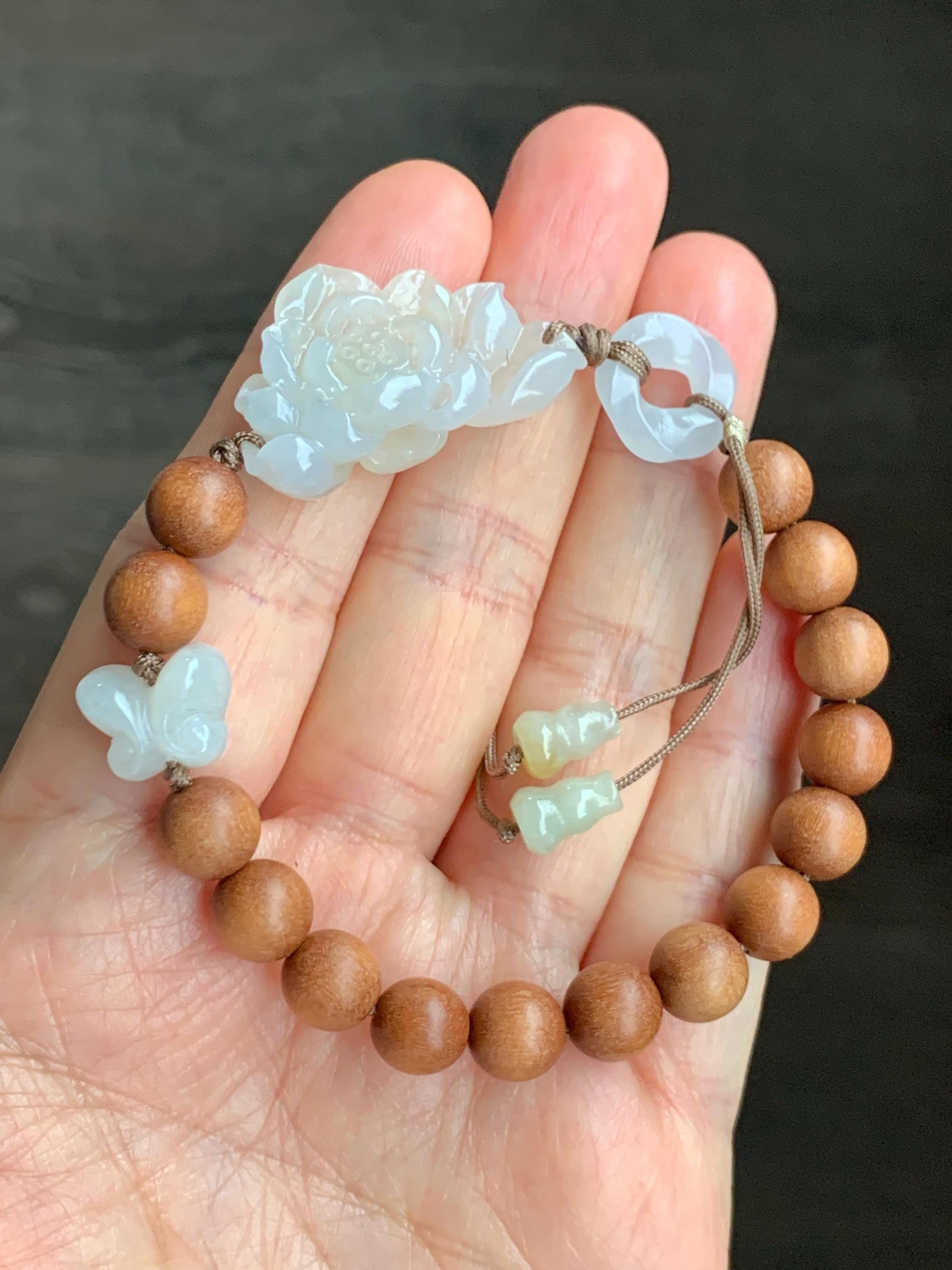 Stunning Natural Icy Translucent Light Beige Jadeite Carved 3D Lotus Flower Donut Butterfly Wood Beads Beaded Bracelet 6.75” 天然起胶冰糖黄翡翠莲花木珠手串
