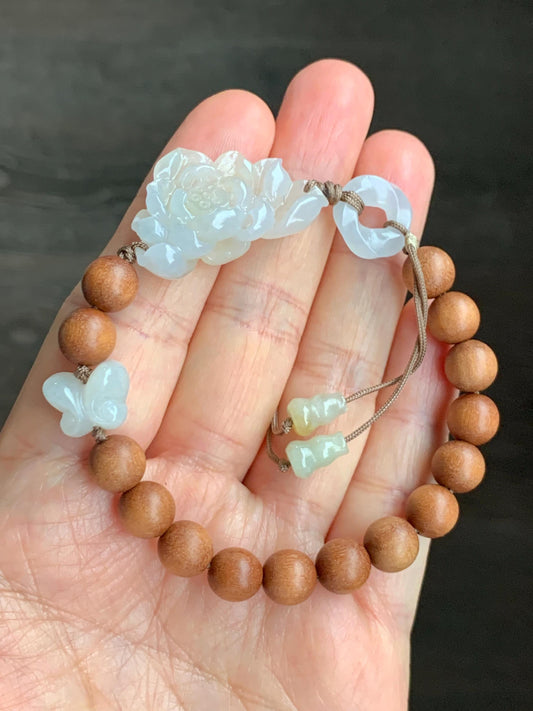 Stunning Natural Icy Translucent Light Beige Jadeite Carved 3D Lotus Flower Donut Butterfly Wood Beads Beaded Bracelet 6.75” 天然起胶冰糖黄翡翠莲花木珠手串