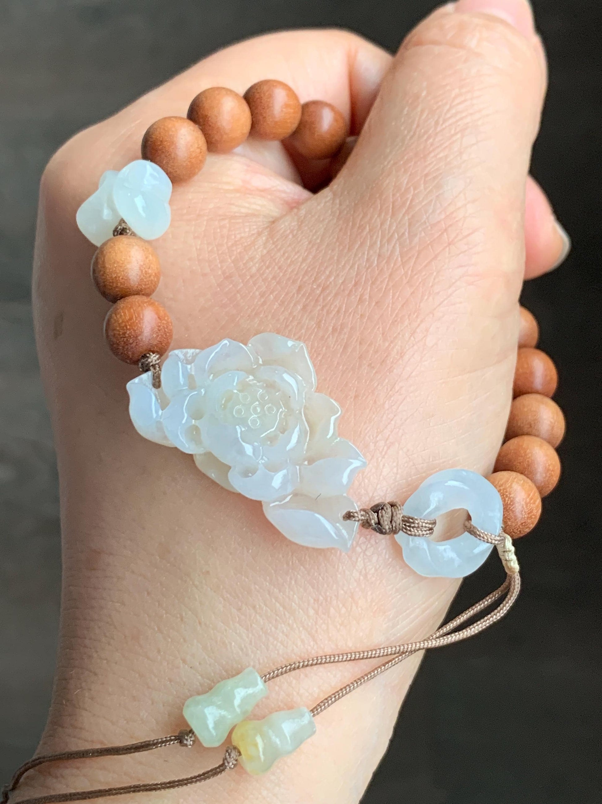 Stunning Natural Icy Translucent Light Beige Jadeite Carved 3D Lotus Flower Donut Butterfly Wood Beads Beaded Bracelet 6.75” 天然起胶冰糖黄翡翠莲花木珠手串