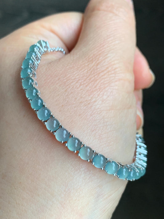 Certified Natural Guatemalan Grade A Icy Highly Translucent Light Blue Jadeite Tennis Bracelet Sterling Silver 6.5”-8” 天然冰危浅蓝起光翡翠银镶手链 1676