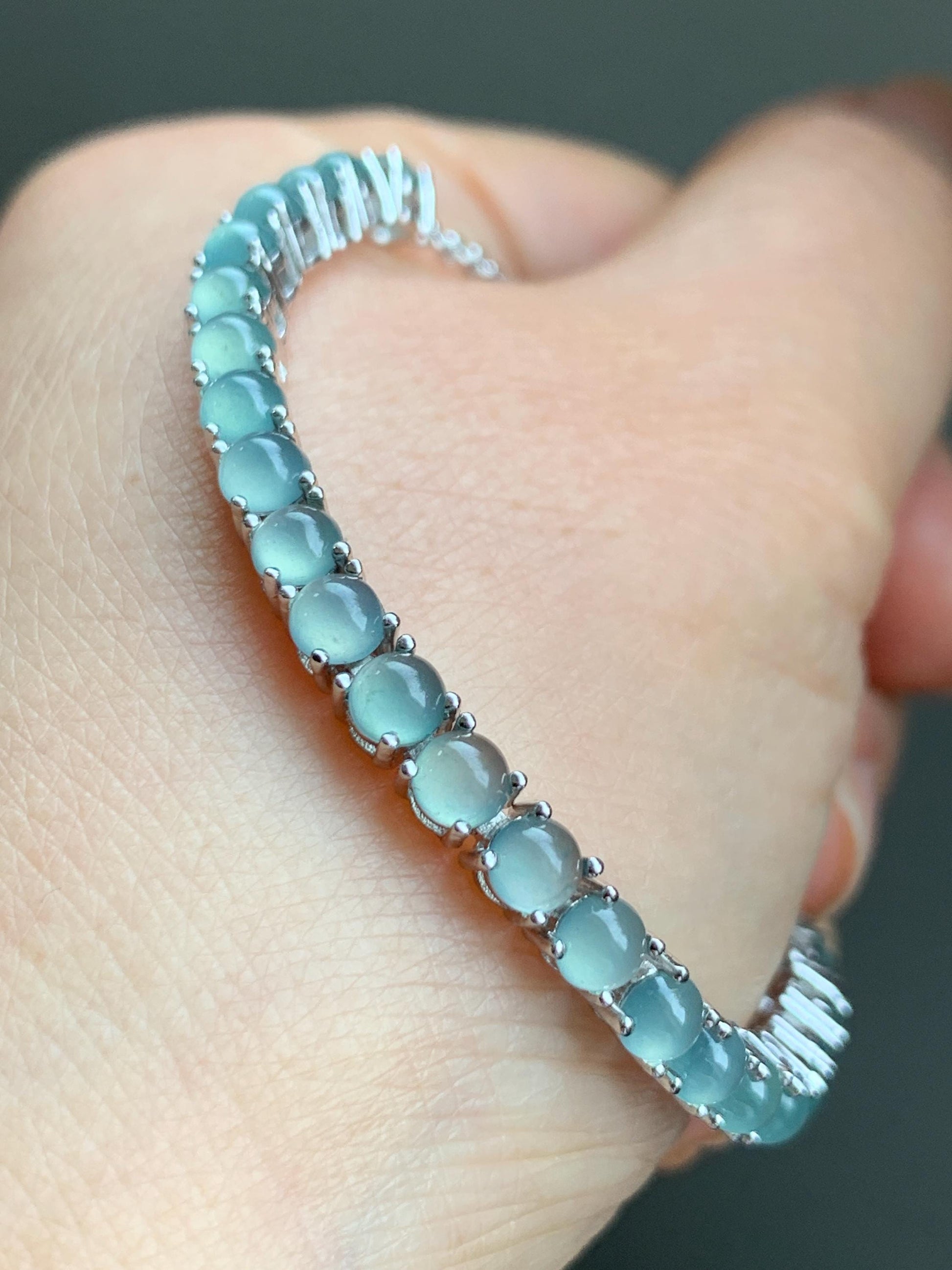 Certified Natural Guatemalan Grade A Icy Highly Translucent Light Blue Jadeite Tennis Bracelet Sterling Silver 6.5”-8” 天然冰危浅蓝起光翡翠银镶手链 1676