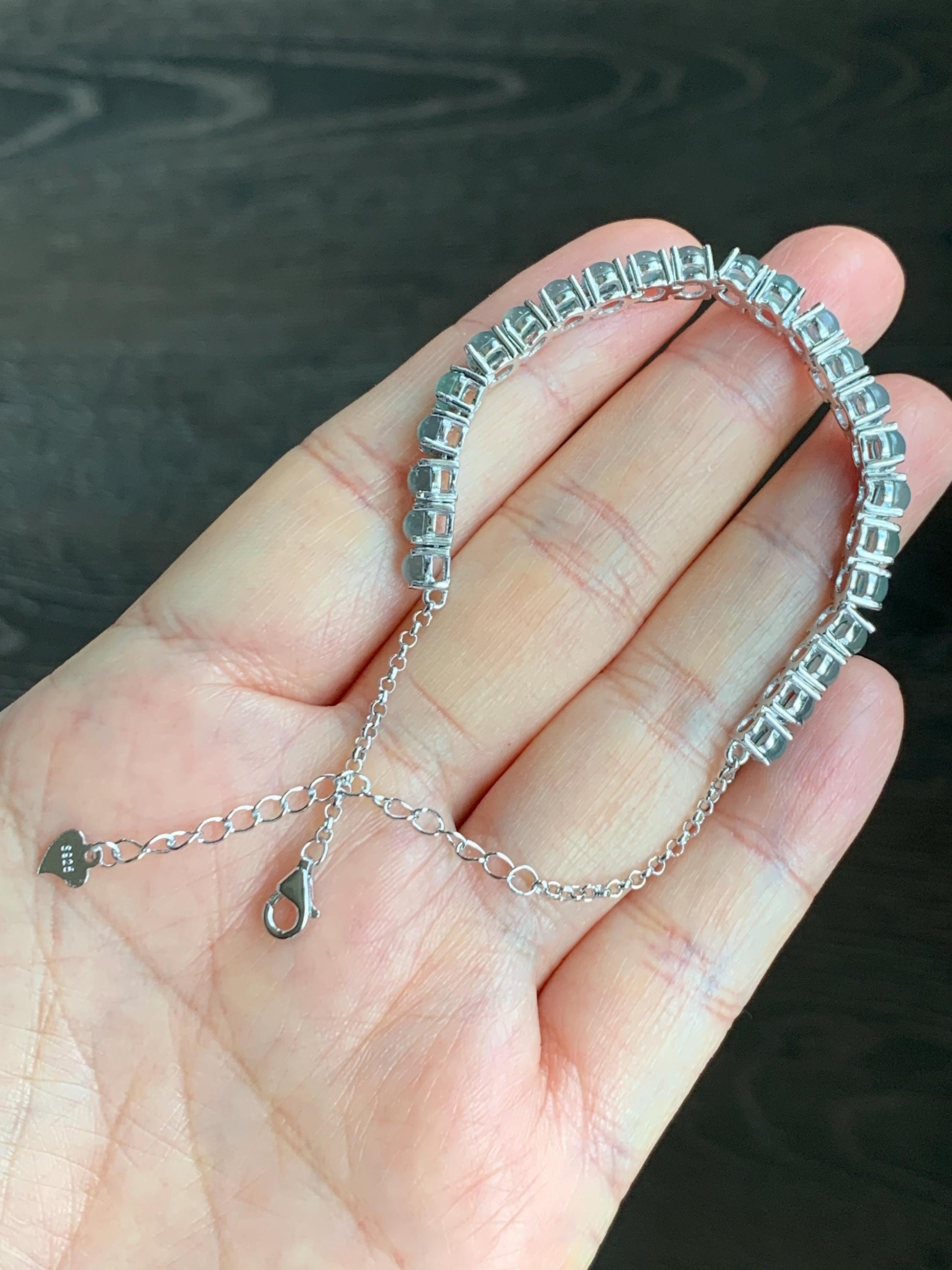 Certified Natural Guatemalan Grade A Icy Highly Translucent Light Blue Jadeite Tennis Bracelet Sterling Silver 6.5”-8” 天然冰危浅蓝起光翡翠银镶手链 1676