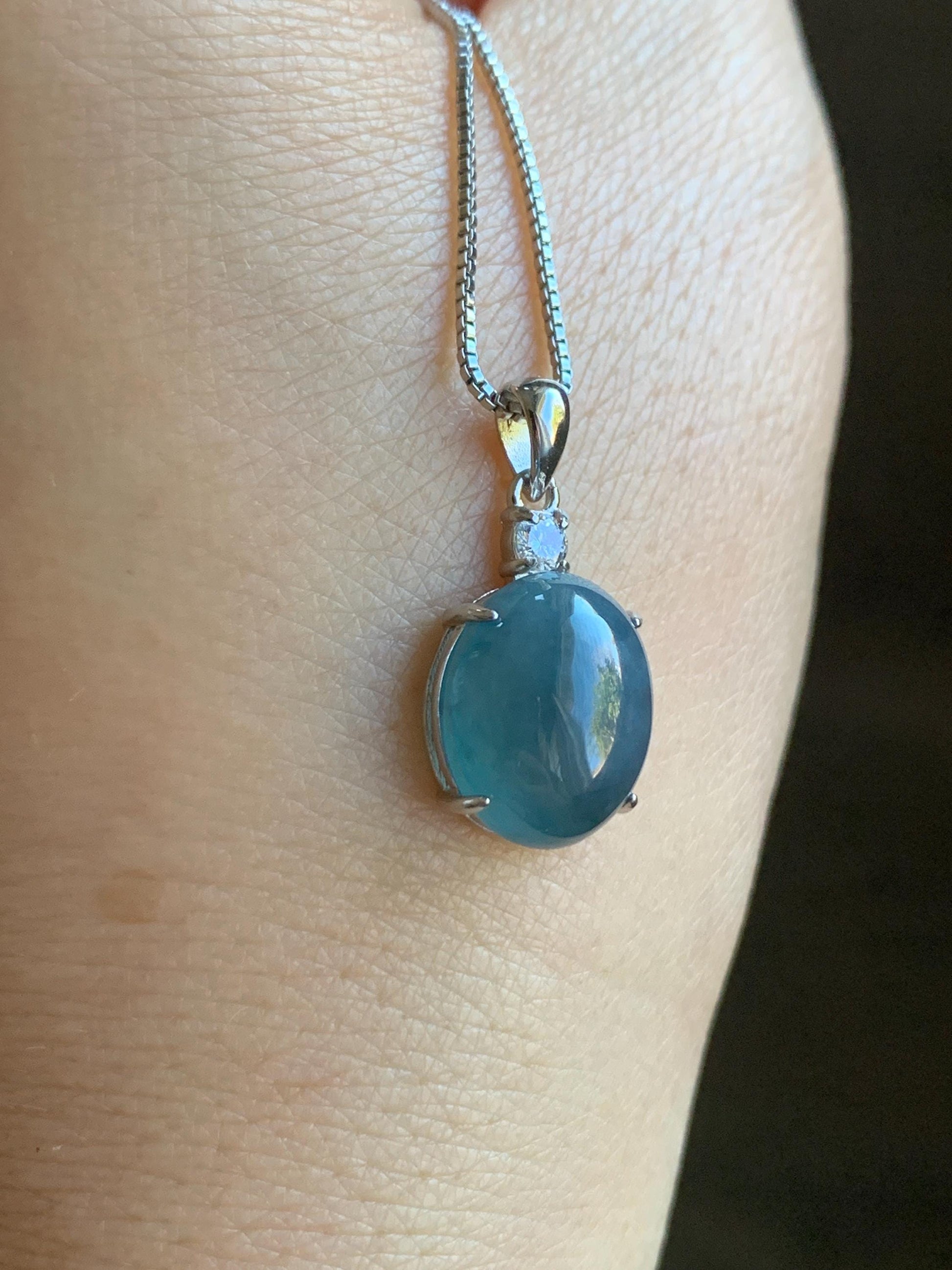 Natural Grade A Guatemalan Icy Translucent Dark Blue Jadeite Oval Cabochon Solitaire Pendant Sterling Silver 天然冰危蓝翡翠蛋面银镶吊坠 WLD88