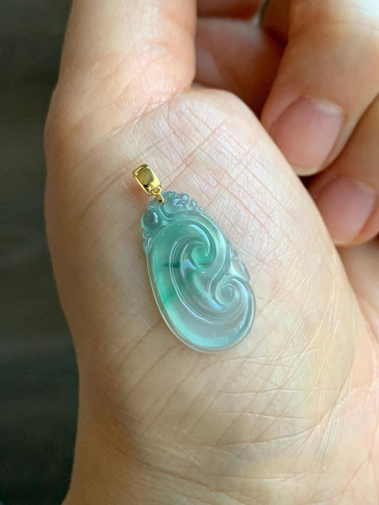 Natural Grade A Guatemalan Icy Highly Translucent Pale Blue & Green Marbled Jadeite Ruyi Pendant 18K Yellow Gold 天然老种冰危浅蓝绿起光翡翠如意镶嵌吊坠 A