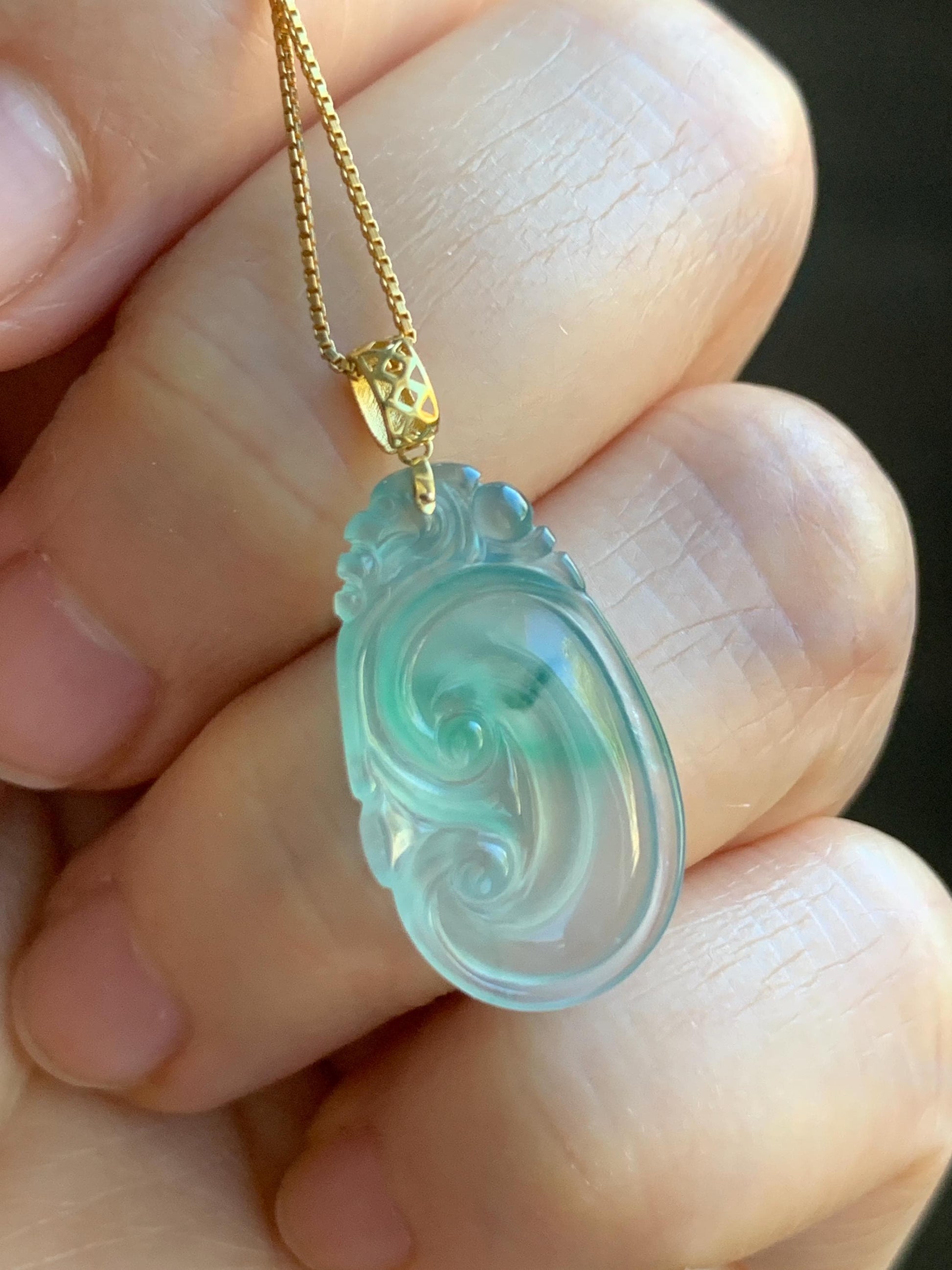Natural Grade A Guatemalan Icy Highly Translucent Pale Blue & Green Marbled Jadeite Ruyi Pendant 18K Yellow Gold 天然老种冰危浅蓝绿起光翡翠如意镶嵌吊坠 A