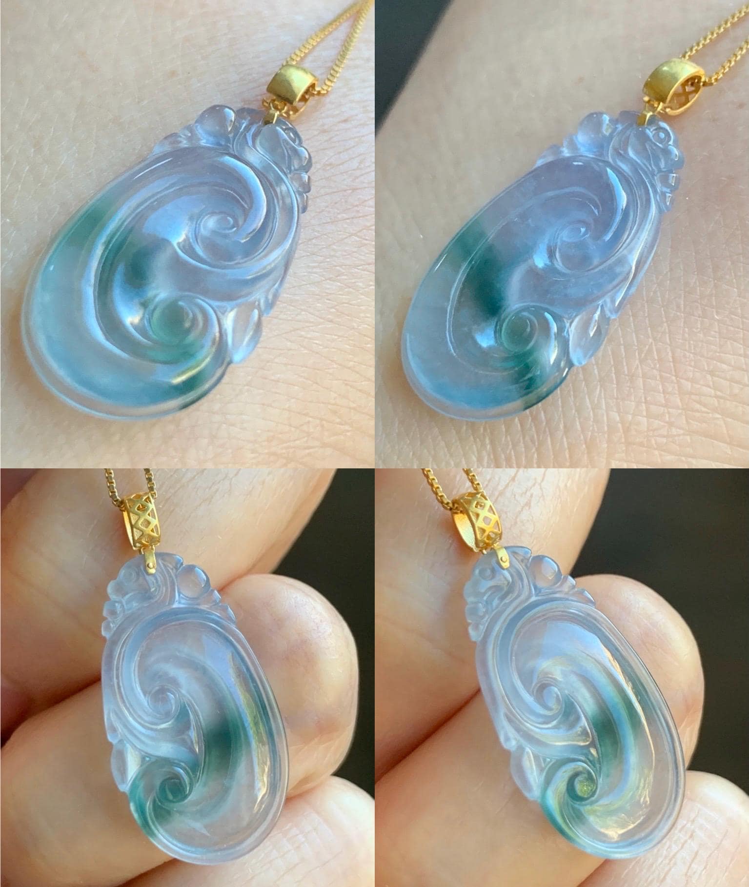 Natural Guatemalan Icy Highly Translucent Light Purplish Blue & Green Marbled Jadeite Ruyi Pendant 18K Yellow Gold 天然老种冰危浅蓝紫飘绿起光翡翠如意镶嵌吊坠 B