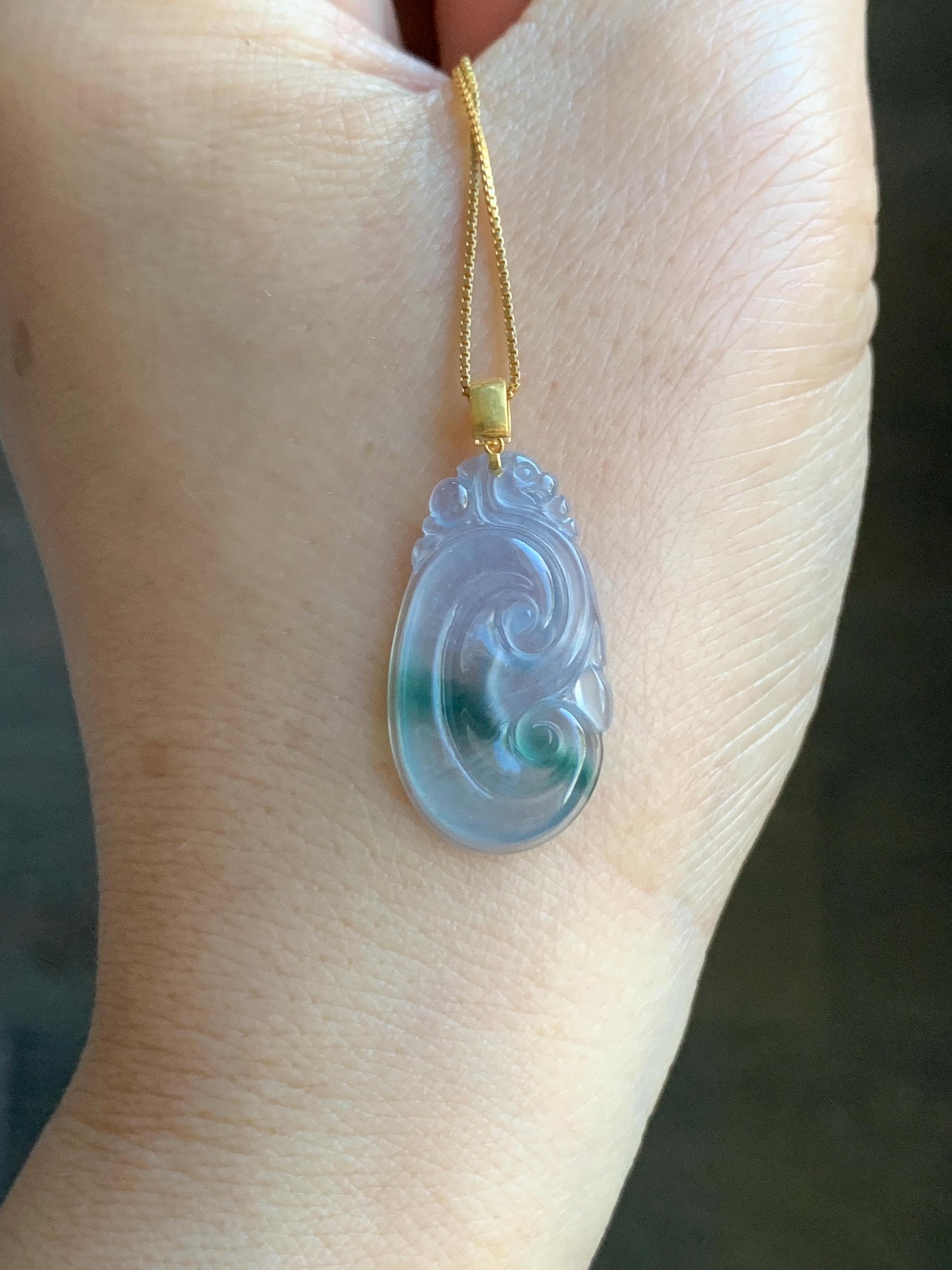 Natural Guatemalan Icy Highly Translucent Light Purplish Blue & Green Marbled Jadeite Ruyi Pendant 18K Yellow Gold 天然老种冰危浅蓝紫飘绿起光翡翠如意镶嵌吊坠 B