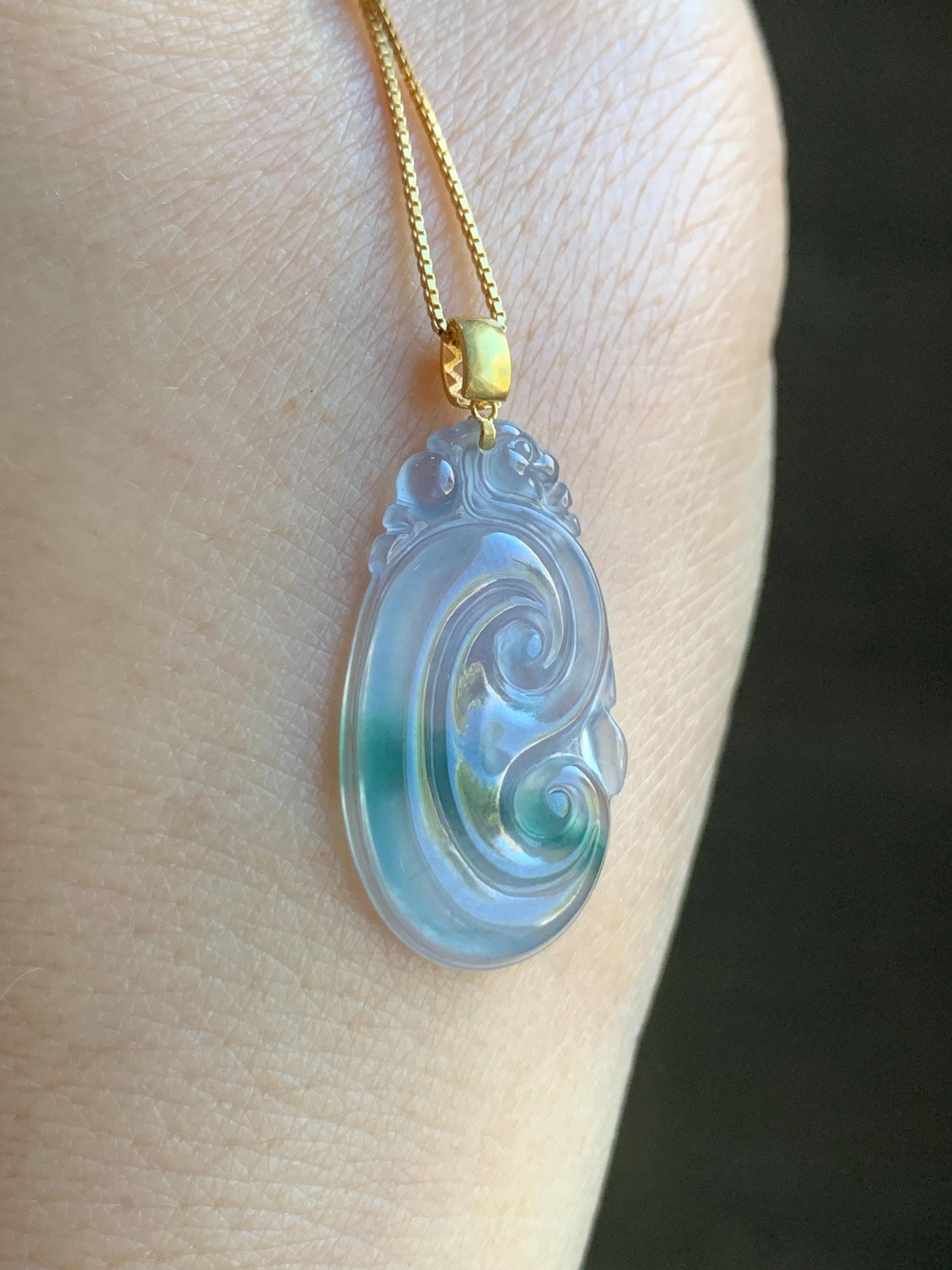 Natural Guatemalan Icy Highly Translucent Light Purplish Blue & Green Marbled Jadeite Ruyi Pendant 18K Yellow Gold 天然老种冰危浅蓝紫飘绿起光翡翠如意镶嵌吊坠 B