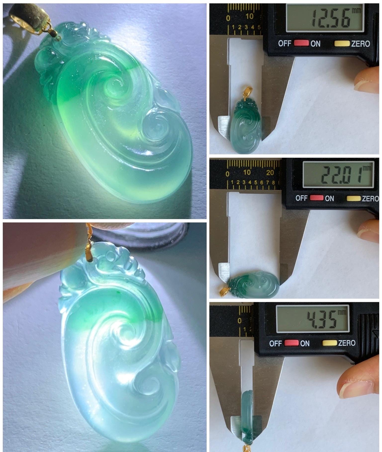 Natural Guatemalan Icy Highly Translucent Light Teal Blue & Green Marbled Jadeite Ruyi Pendant 18K Yellow Gold 天然老种冰危浅蓝飘绿起光翡翠如意镶嵌吊坠 C