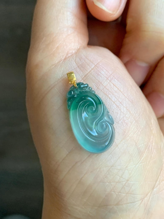 Natural Guatemalan Icy Highly Translucent Light Teal Blue & Green Marbled Jadeite Ruyi Pendant 18K Yellow Gold 天然老种冰危浅蓝飘绿起光翡翠如意镶嵌吊坠 C
