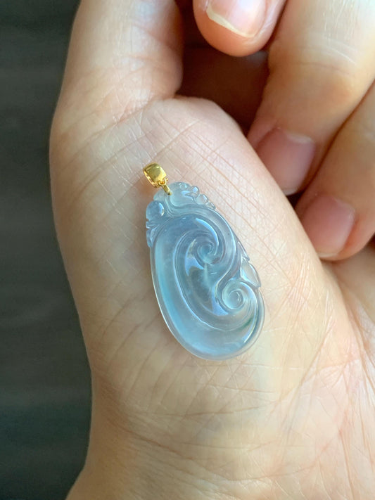 Natural Guatemalan Grade A Icy Highly Translucent Light Purplish Blue Jadeite Ruyi Pendant 18K Yellow Gold 天然老种冰危浅蓝紫起光翡翠如意镶嵌吊坠 D