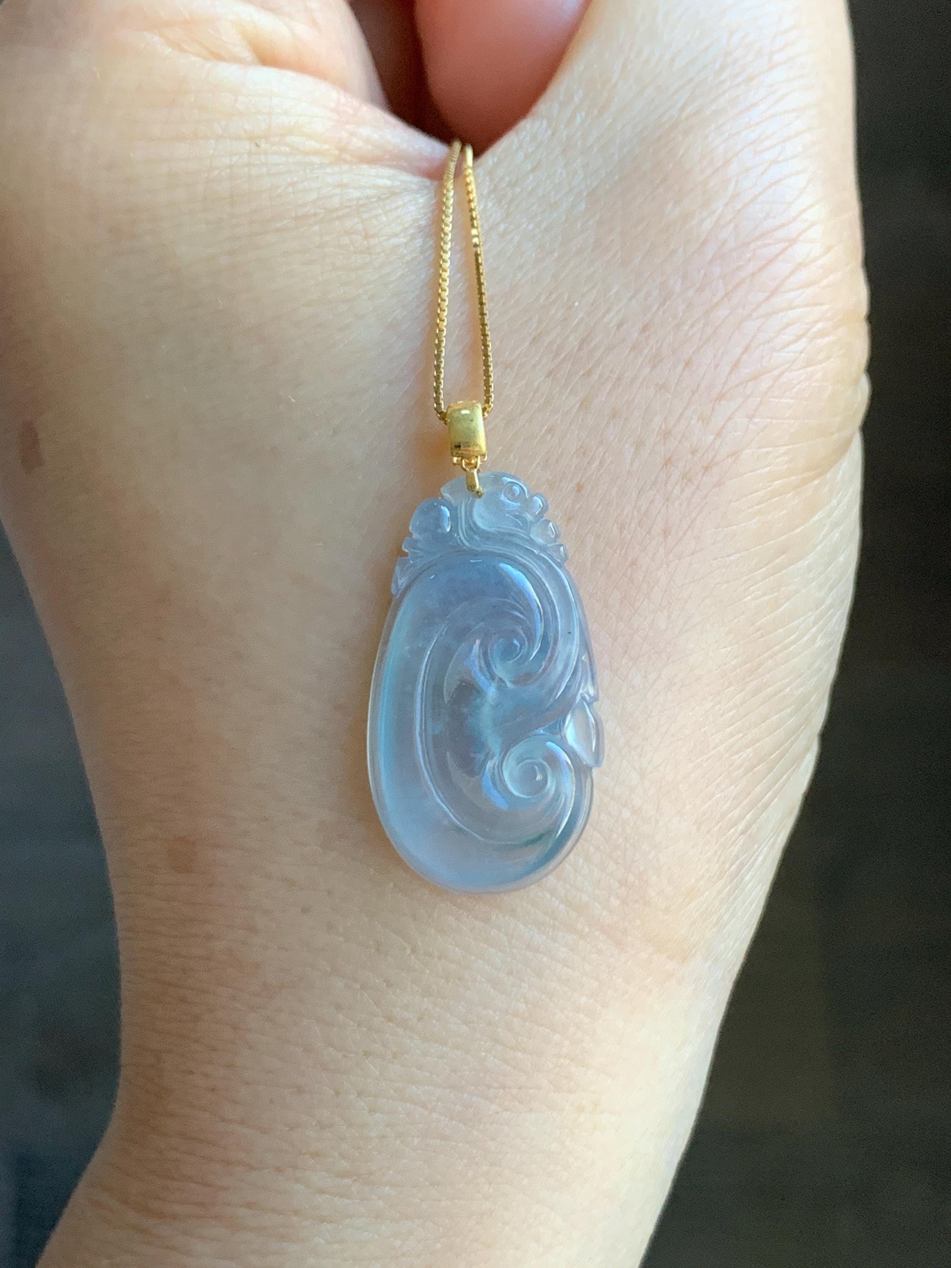 Natural Guatemalan Grade A Icy Highly Translucent Light Purplish Blue Jadeite Ruyi Pendant 18K Yellow Gold 天然老种冰危浅蓝紫起光翡翠如意镶嵌吊坠 D