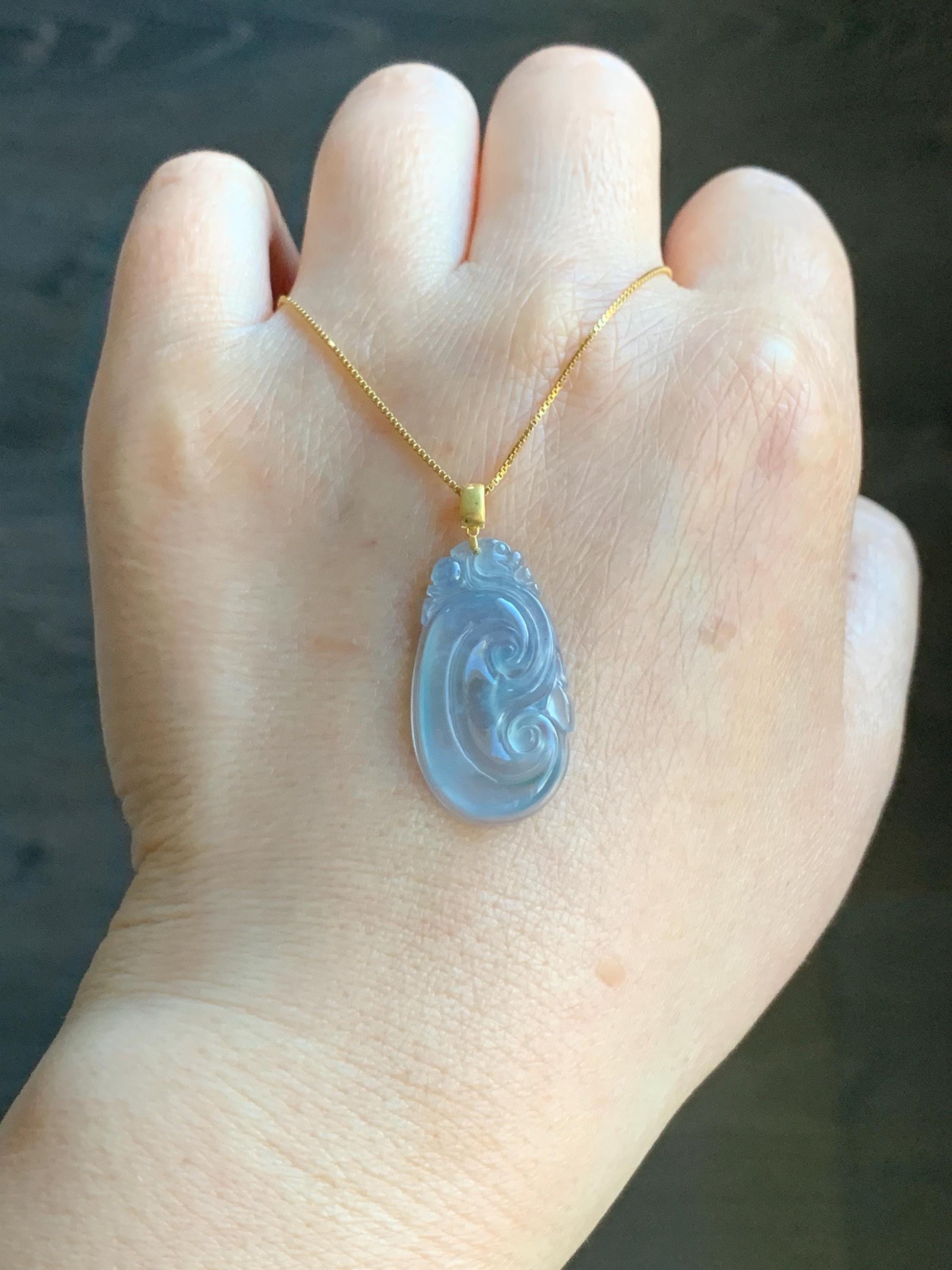 Natural Guatemalan Grade A Icy Highly Translucent Light Purplish Blue Jadeite Ruyi Pendant 18K Yellow Gold 天然老种冰危浅蓝紫起光翡翠如意镶嵌吊坠 D