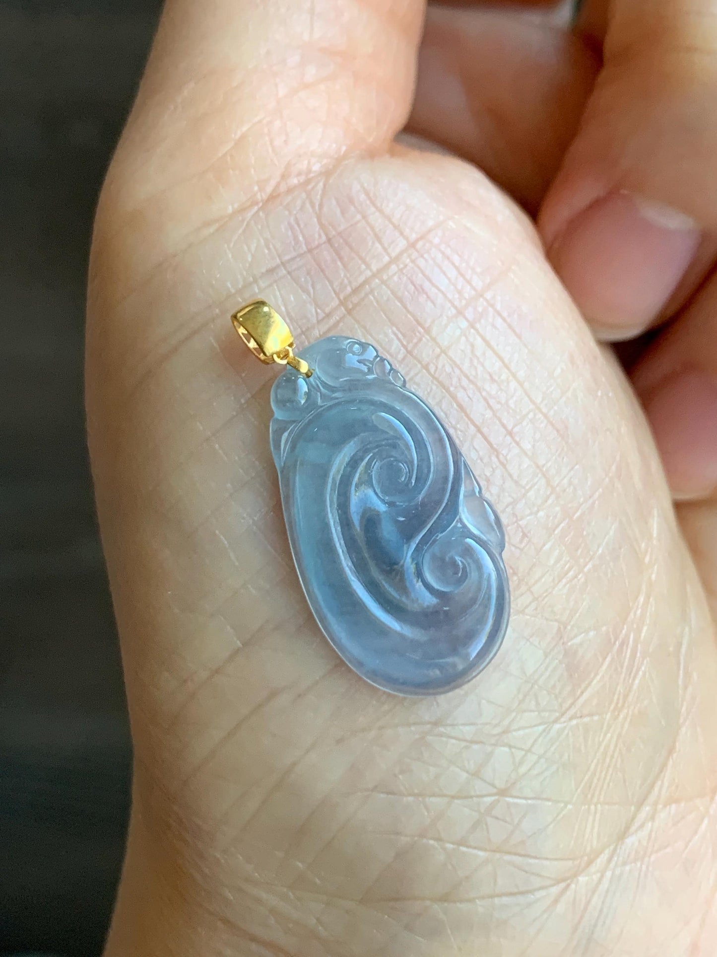 Natural Guatemalan Grade A Icy Highly Translucent Light Purplish Blue Jadeite Ruyi Pendant 18K Yellow Gold 天然老种冰危浅蓝紫起光翡翠如意镶嵌吊坠 E