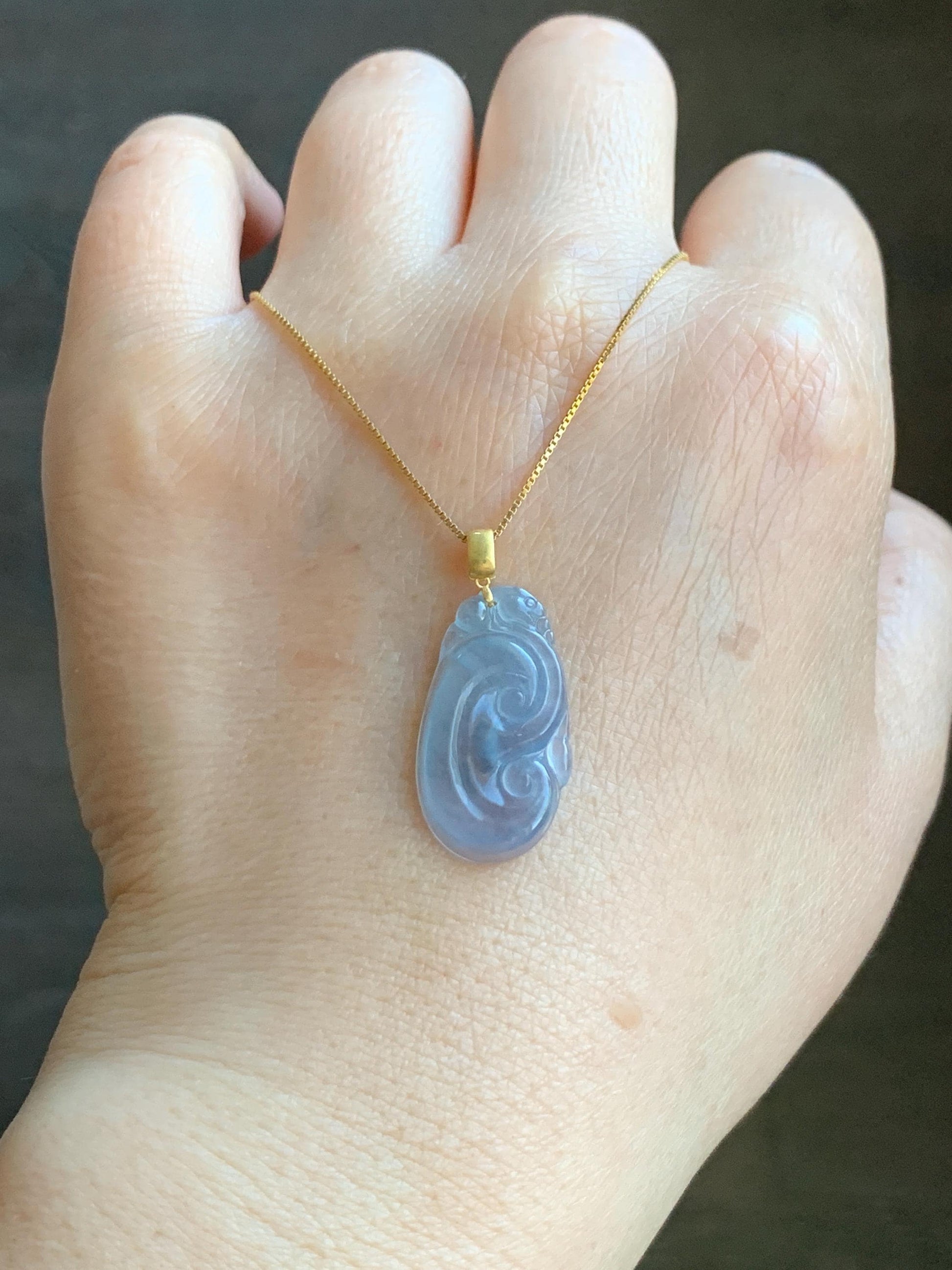 Natural Guatemalan Grade A Icy Highly Translucent Light Purplish Blue Jadeite Ruyi Pendant 18K Yellow Gold 天然老种冰危浅蓝紫起光翡翠如意镶嵌吊坠 E
