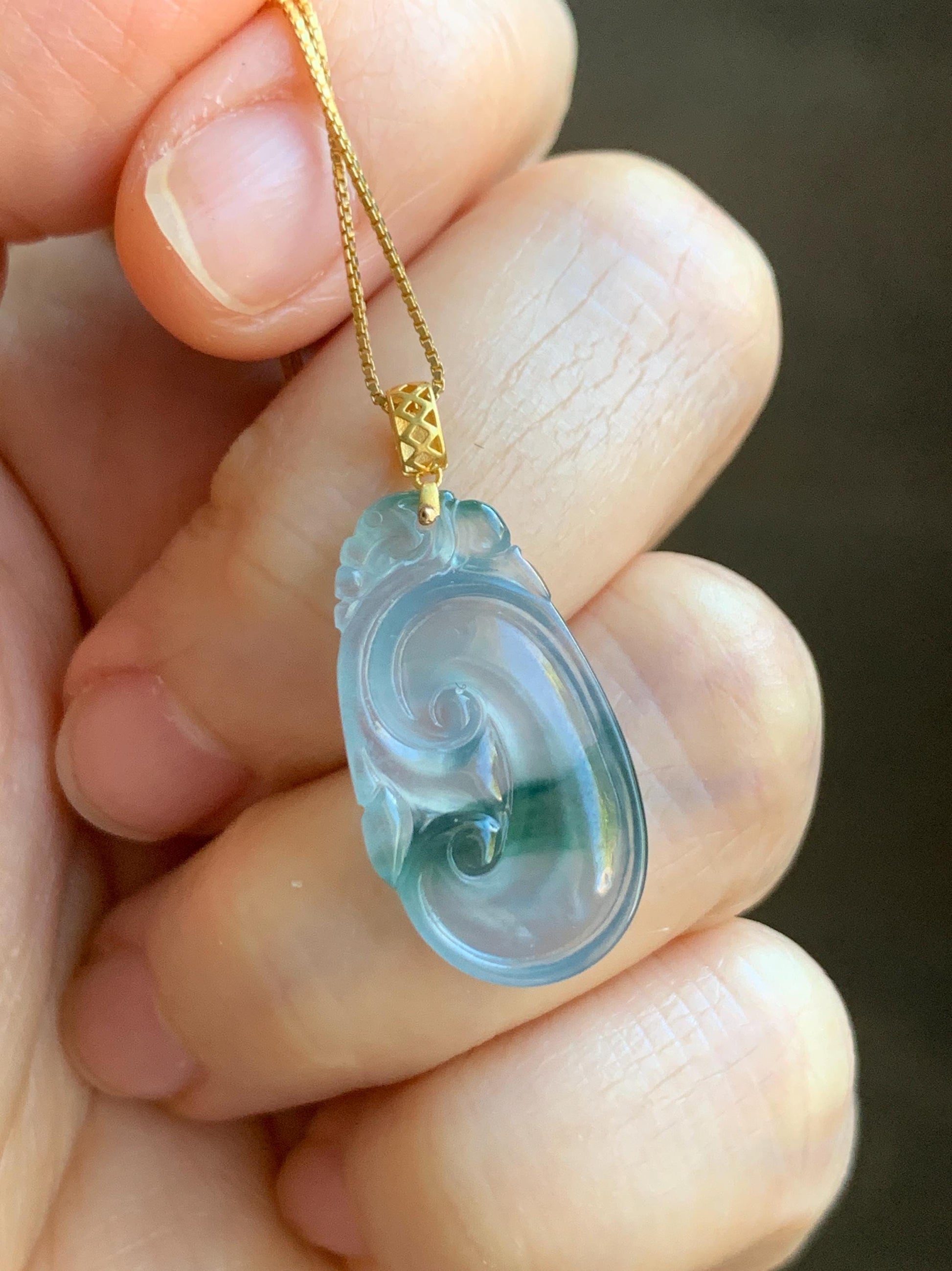 Natural Guatemalan Icy Highly Translucent Light Teal Blue & Green Marbled Jadeite Ruyi Pendant 18K Yellow Gold 天然老种冰危浅蓝飘绿起光翡翠如意镶嵌吊坠 F