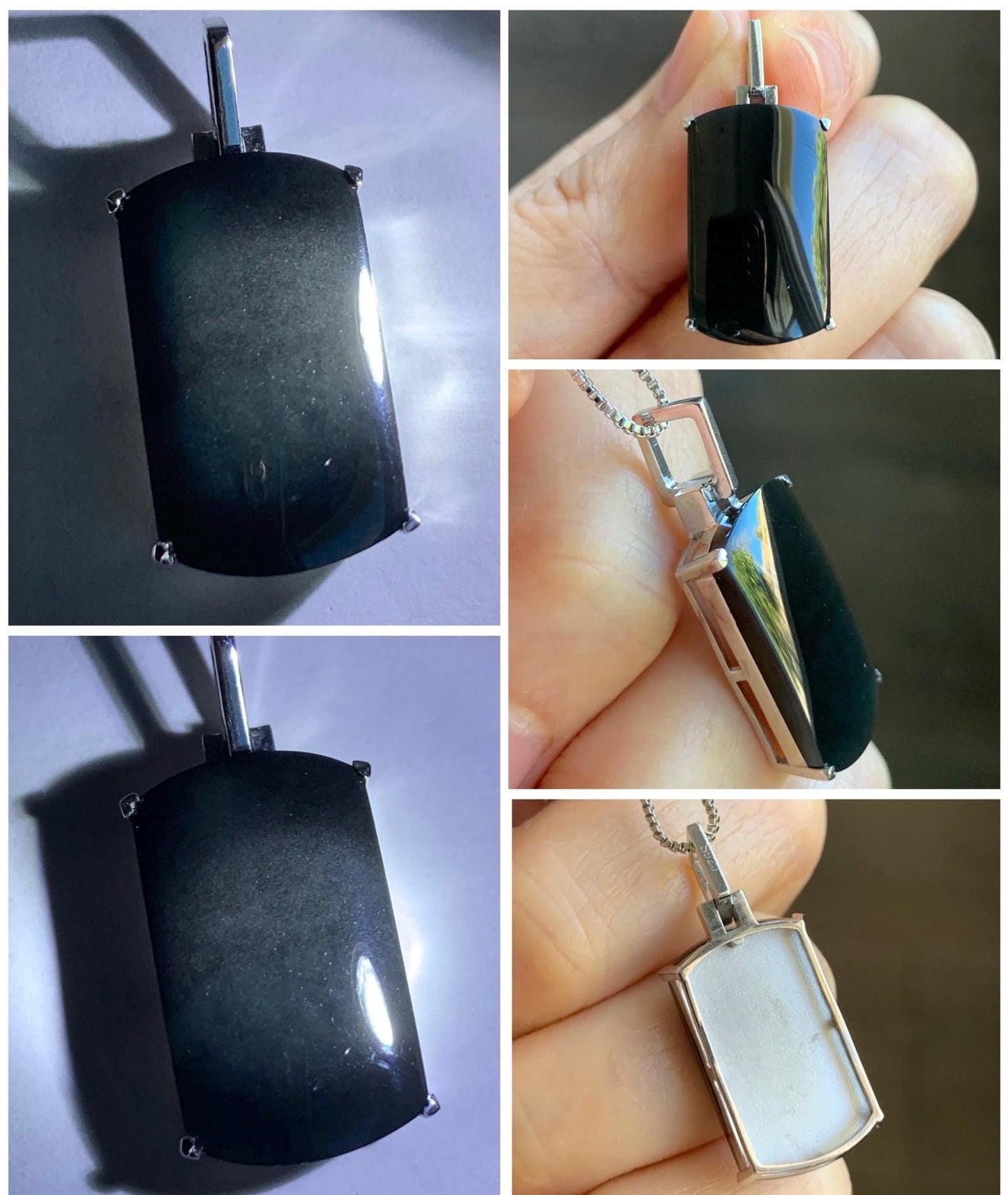 Certified Natural Grade A Opaque Intense Black Jadeite Wu Shi Pai Pendant Sterling Silver 4.8g 天然墨翠银镶无事牌封底吊坠 7417