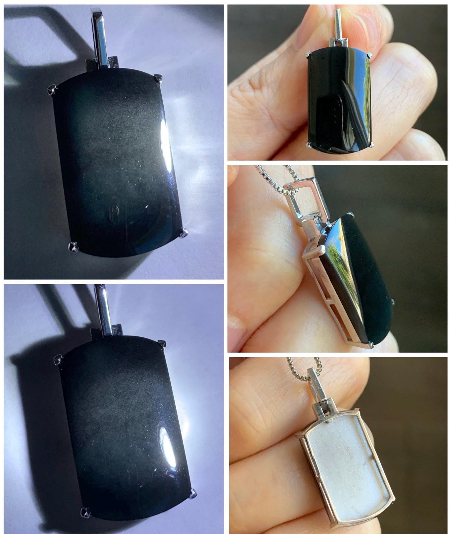 Certified Natural Grade A Opaque Intense Black Jadeite Wu Shi Pai Pendant Sterling Silver 4.8g 天然墨翠银镶无事牌封底吊坠 7417