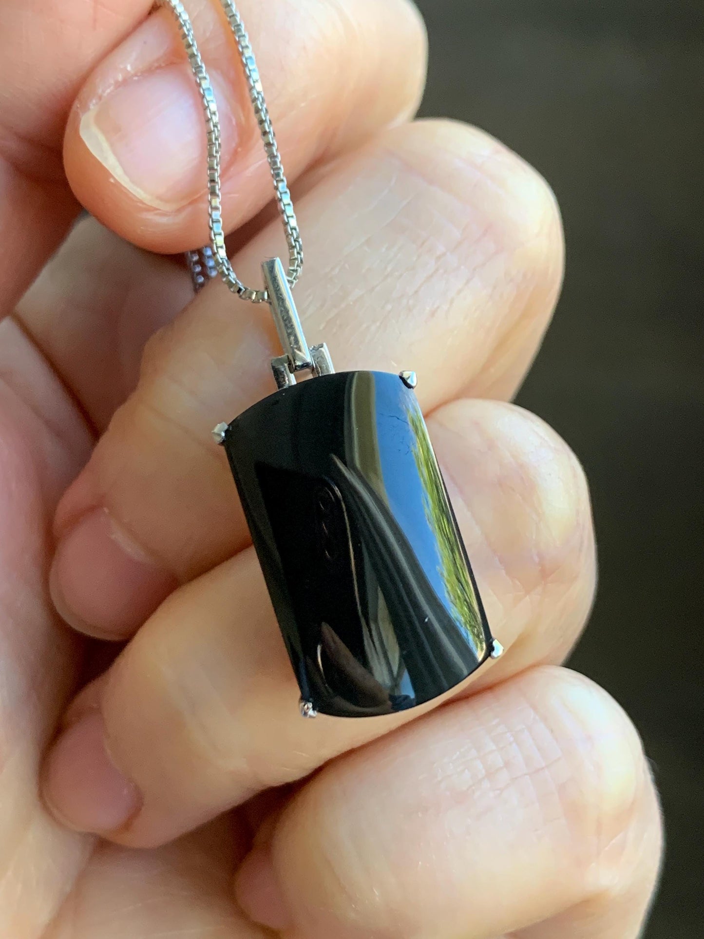 Certified Natural Grade A Opaque Intense Black Jadeite Wu Shi Pai Pendant Sterling Silver 4.8g 天然墨翠银镶无事牌封底吊坠 7417