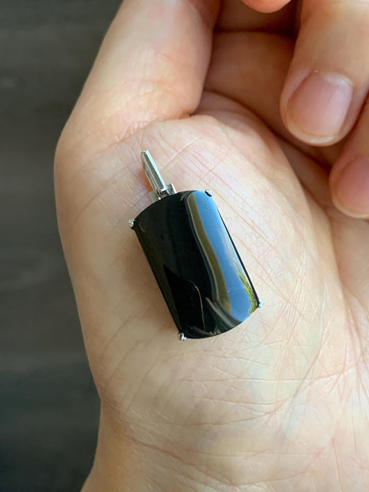 Certified Natural Grade A Opaque Intense Black Jadeite Wu Shi Pai Pendant Sterling Silver 4.8g 天然墨翠银镶无事牌封底吊坠 7417