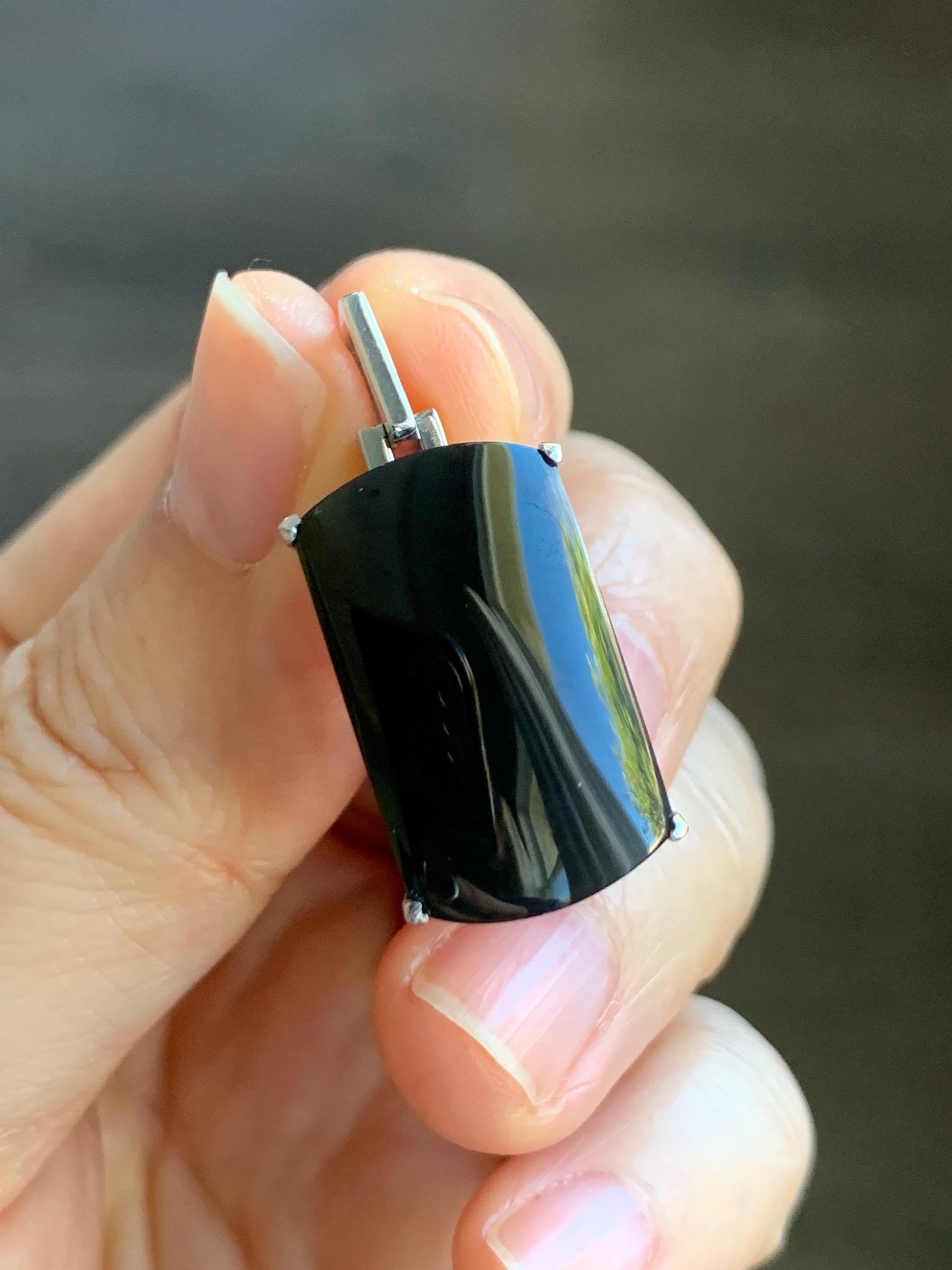 Certified Natural Grade A Opaque Intense Black Jadeite Wu Shi Pai Pendant Sterling Silver 4.8g 天然墨翠银镶无事牌封底吊坠 7417