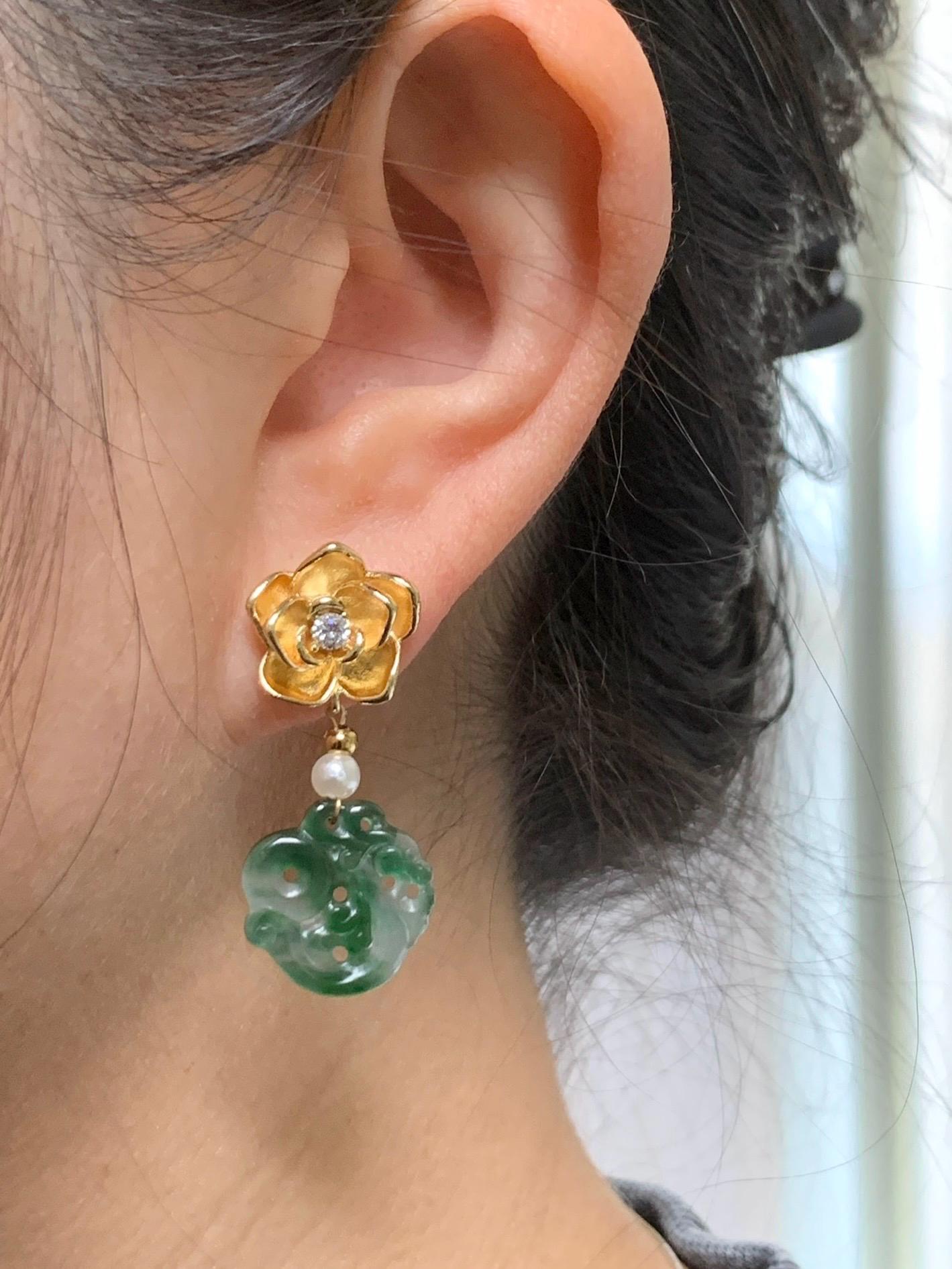 Natural Guatemalan Icy Highly Translucent Vibrant Green Marbled Jadeite Carved Dragon Bead Dangle Earrings 14K Gold Filled 天然冰危阳绿花翡翠龙雕耳坠耳环