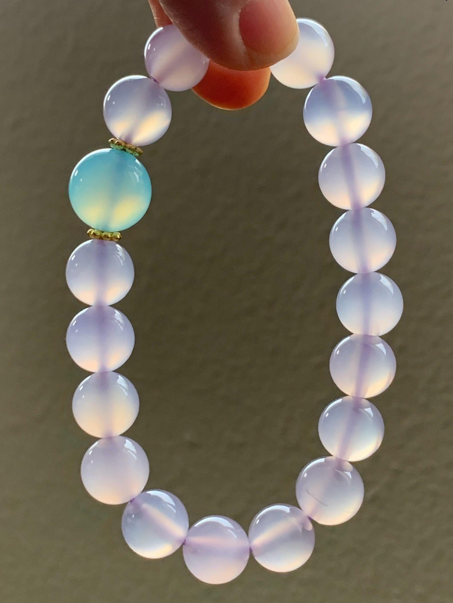Natural Icy Highly Translucent Light Pinkish Purple Agate Large Beads & Sky Blue Agate Beaded Bracelet 10mm 27g 7.25” 天然高冰品质淡粉紫玛瑙圆珠手串