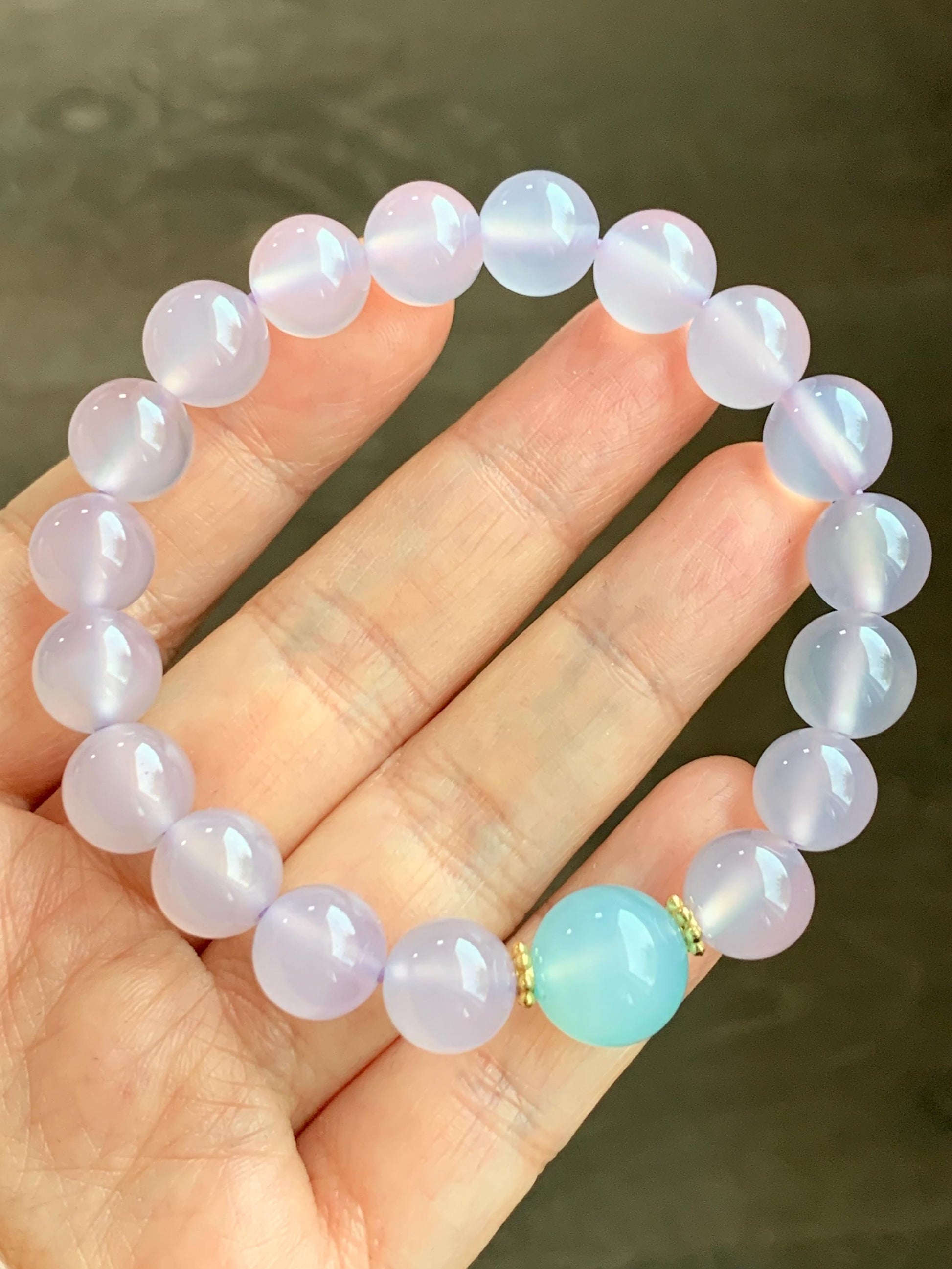 Natural Icy Highly Translucent Light Pinkish Purple Agate Large Beads & Sky Blue Agate Beaded Bracelet 10mm 27g 7.25” 天然高冰品质淡粉紫玛瑙圆珠手串