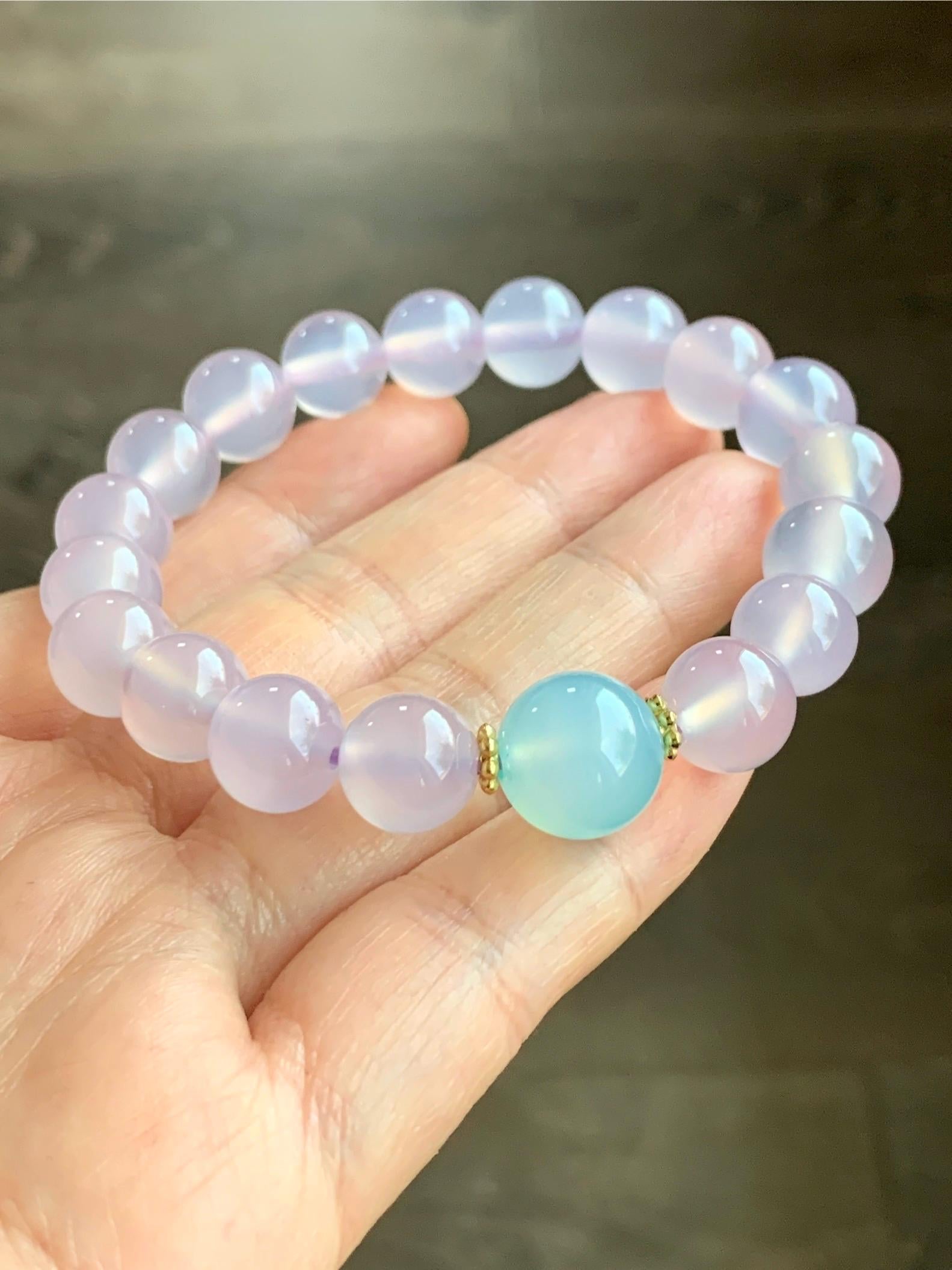 Natural Icy Highly Translucent Light Pinkish Purple Agate Large Beads & Sky Blue Agate Beaded Bracelet 10mm 27g 7.25” 天然高冰品质淡粉紫玛瑙圆珠手串