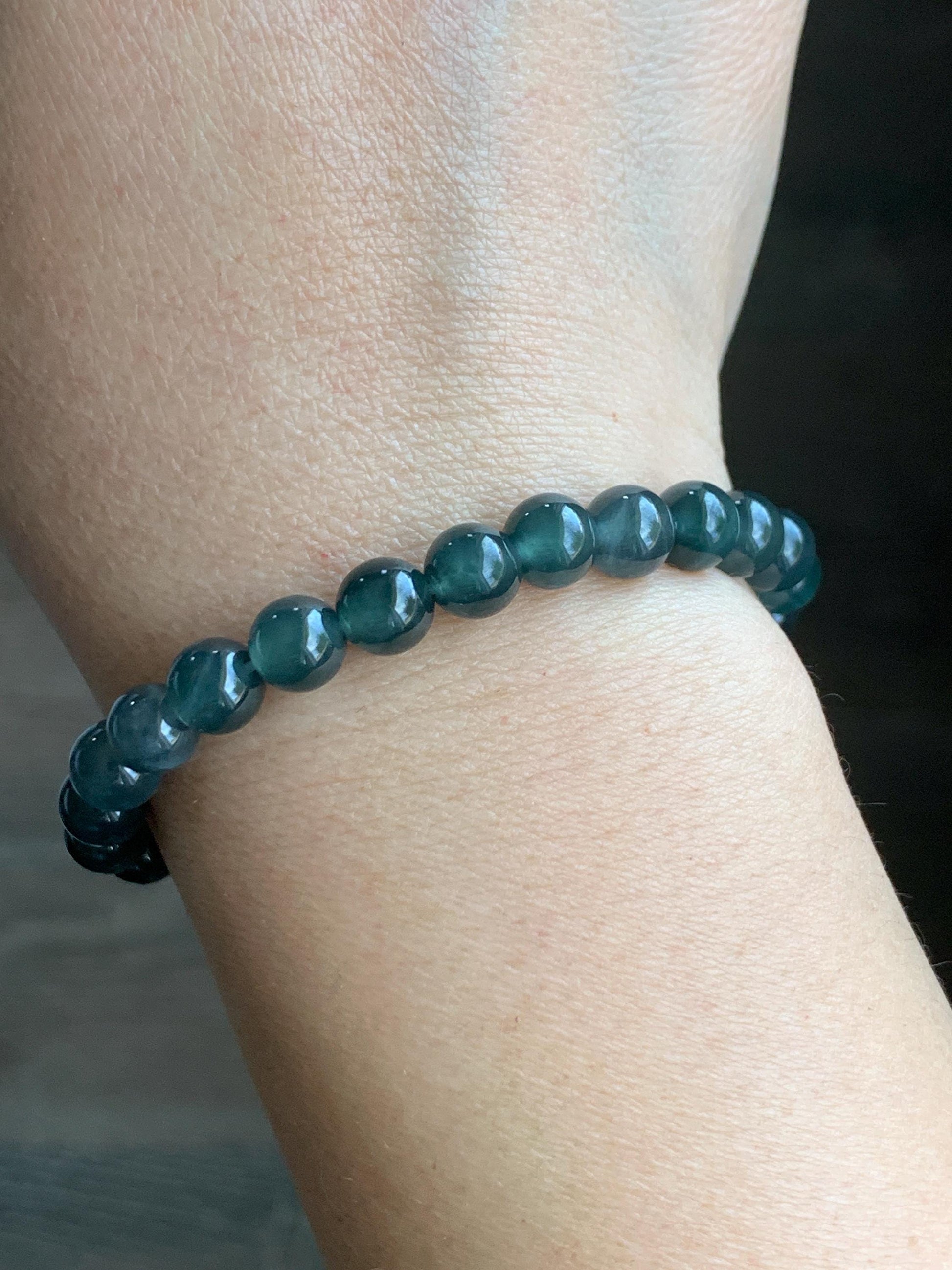 Natural Grade A Guatemalan Icy Translucent Gelatinous Dark Wuji Jadeite Beaded Bracelet Stretchy 6.75” 7mm 14g 天然冰胶危乌鸡翡翠圆珠手串 XWW110