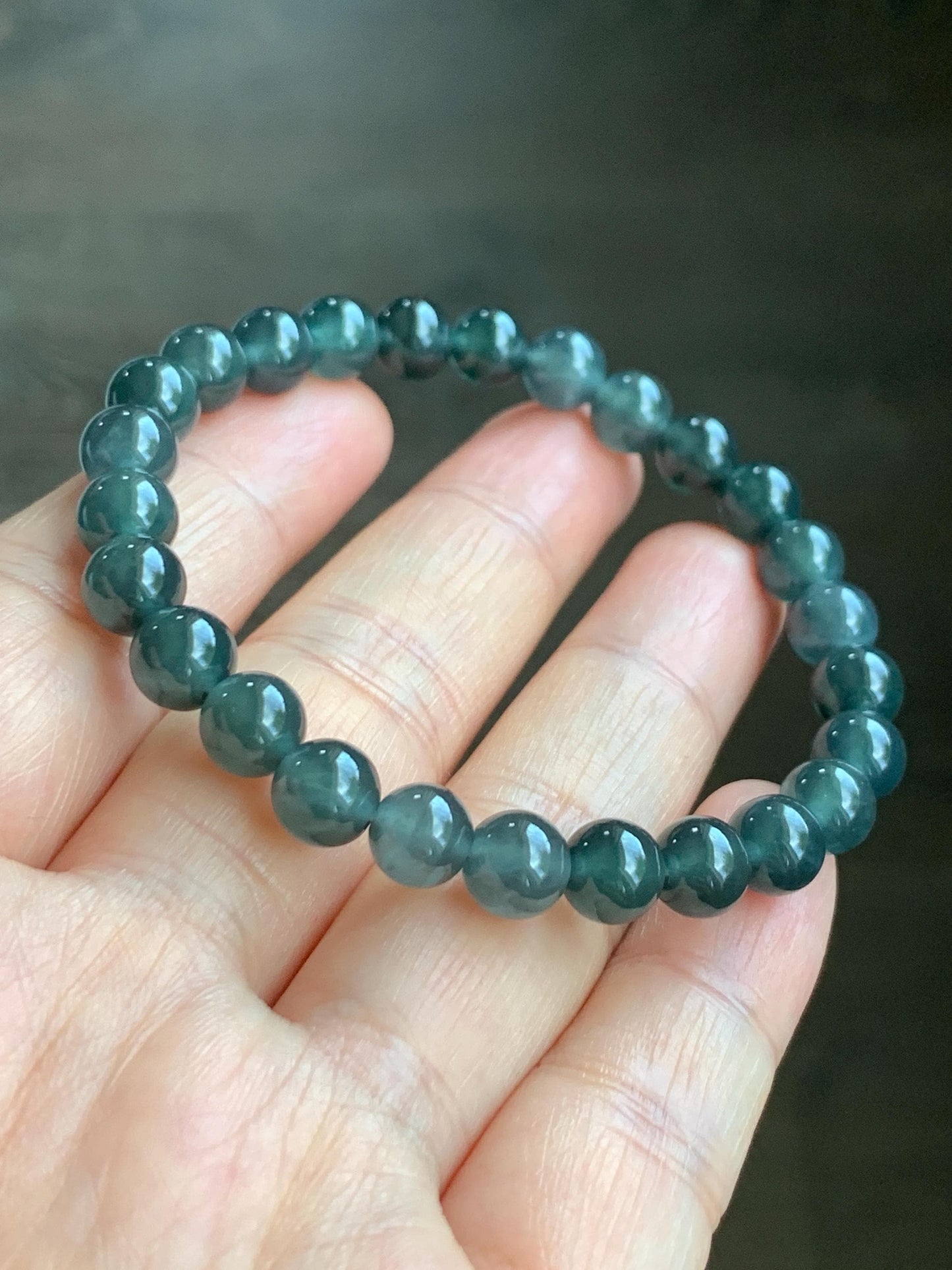 Natural Grade A Guatemalan Icy Translucent Gelatinous Dark Wuji Jadeite Beaded Bracelet Stretchy 6.75” 7mm 14g 天然冰胶危乌鸡翡翠圆珠手串 XWW110