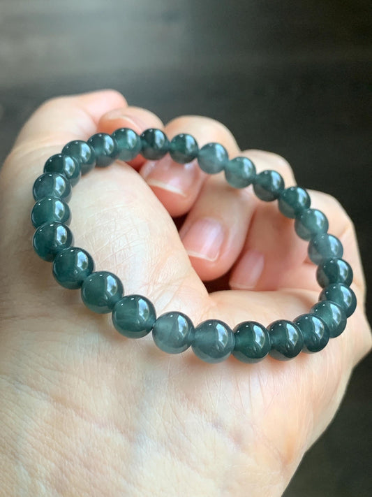 Natural Grade A Guatemalan Icy Translucent Gelatinous Dark Wuji Jadeite Beaded Bracelet Stretchy 6.75” 7mm 14g 天然冰胶危乌鸡翡翠圆珠手串 XWW110