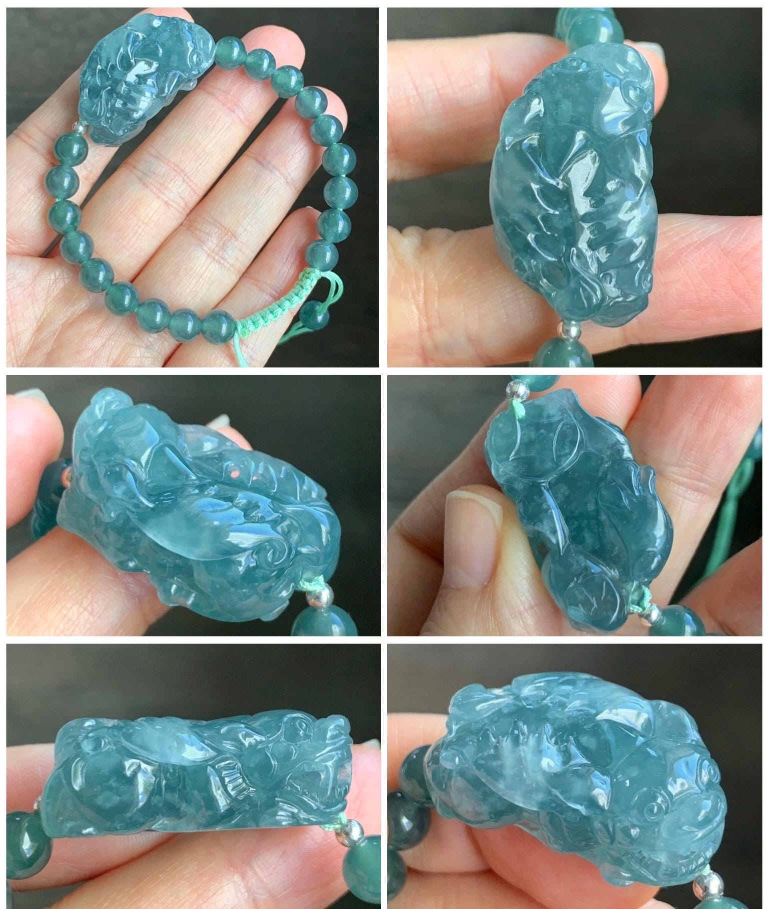 Certified Natural Guatemalan Icy Highly Translucent Gelatinous Teal Blue Jadeite Pixiu Beaded Bracelet 6.8mm 6.75” 24g 天然冰危蓝水起胶翡翠貔貅手串 7803