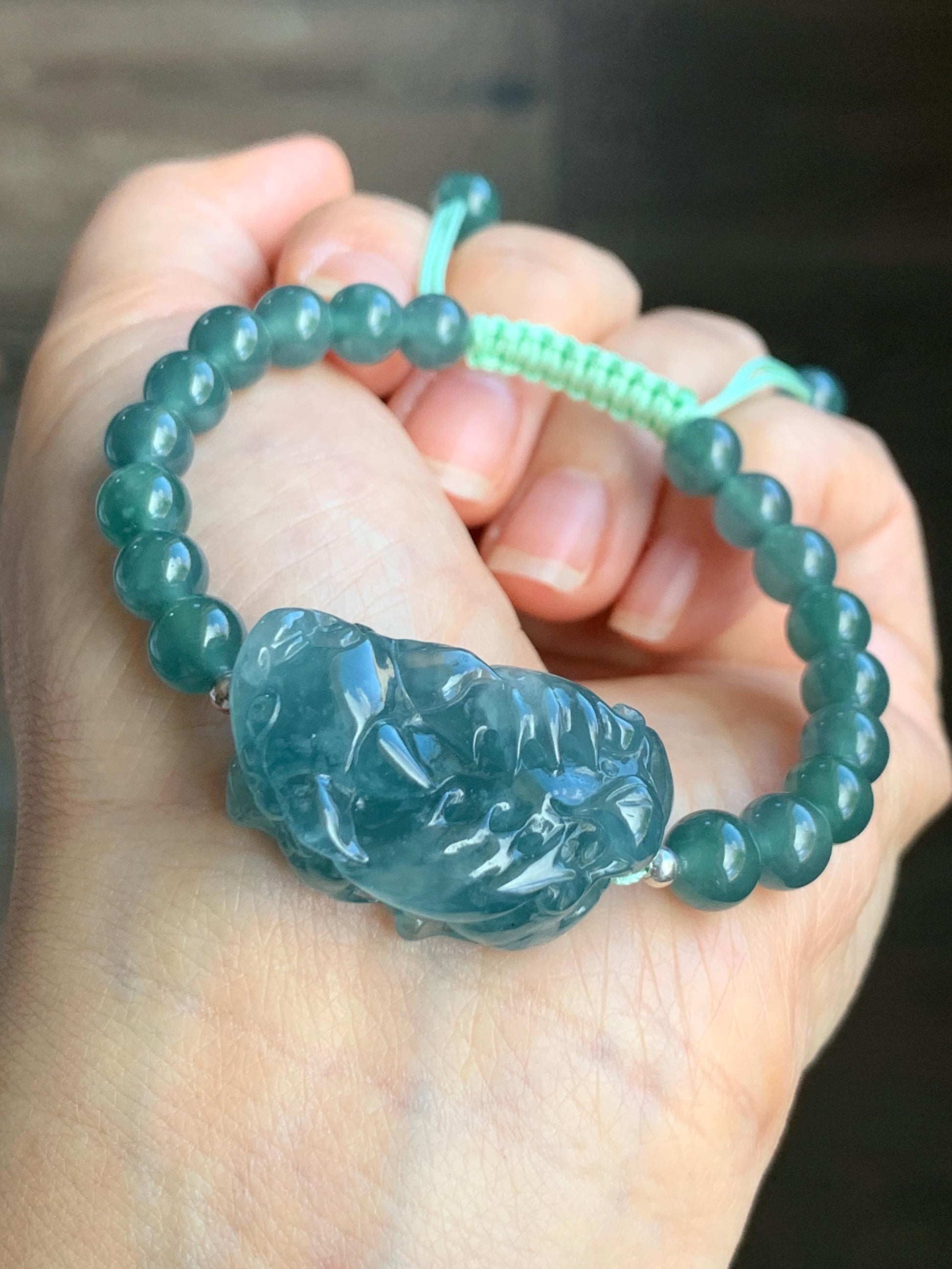Certified Natural Guatemalan Icy Highly Translucent Gelatinous Teal Blue Jadeite Pixiu Beaded Bracelet