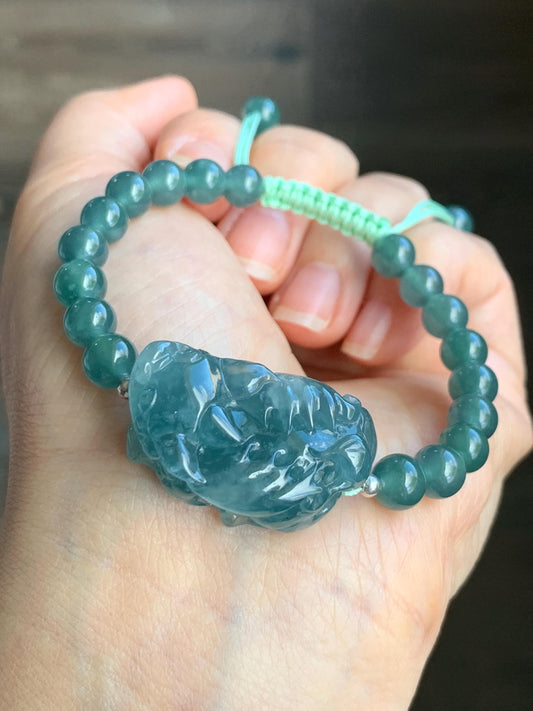 Certified Natural Guatemalan Icy Highly Translucent Gelatinous Teal Blue Jadeite Pixiu Beaded Bracelet