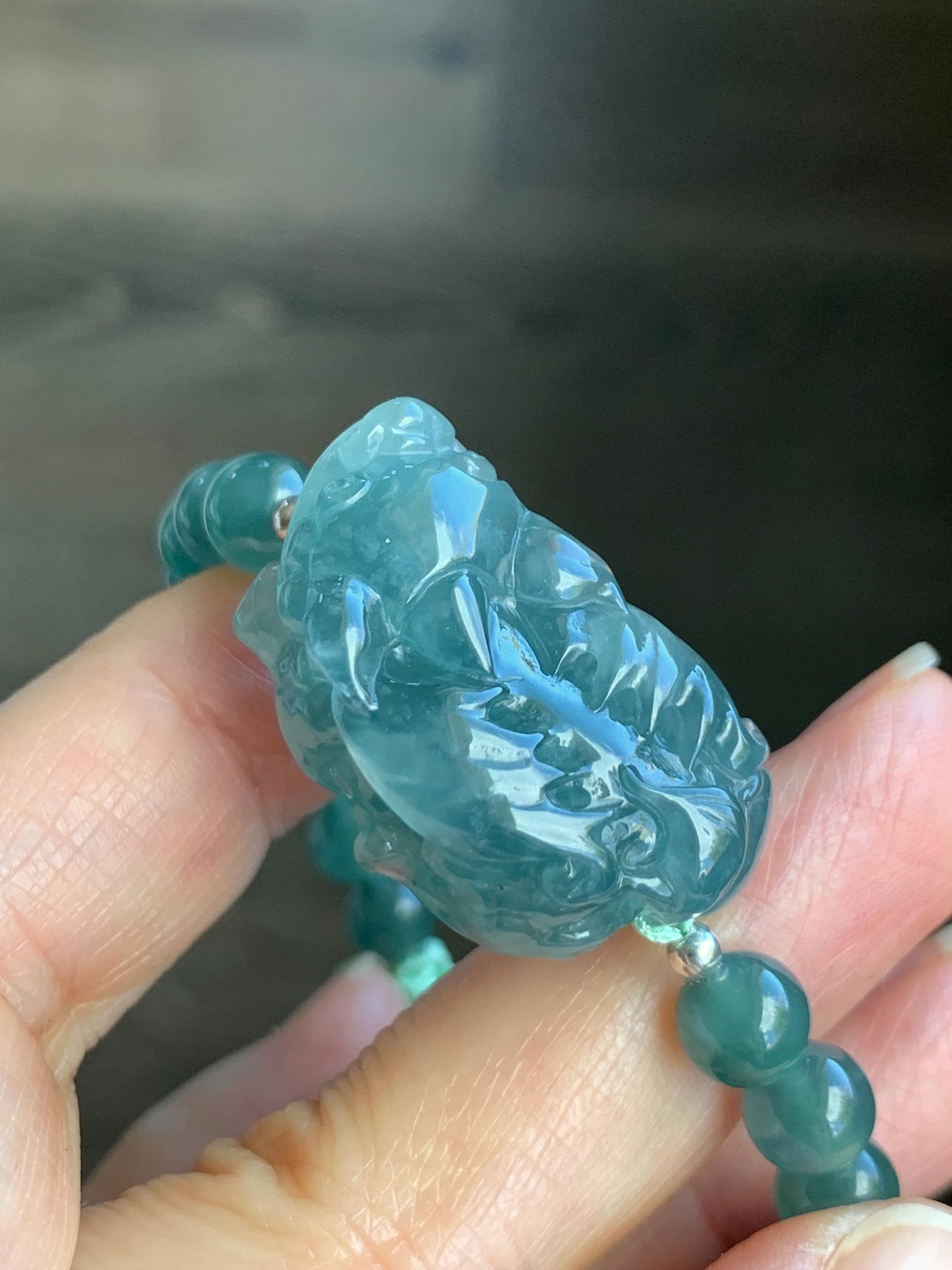 Certified Natural Guatemalan Icy Highly Translucent Gelatinous Teal Blue Jadeite Pixiu Beaded Bracelet 6.8mm 6.75” 24g 天然冰危蓝水起胶翡翠貔貅手串 7803