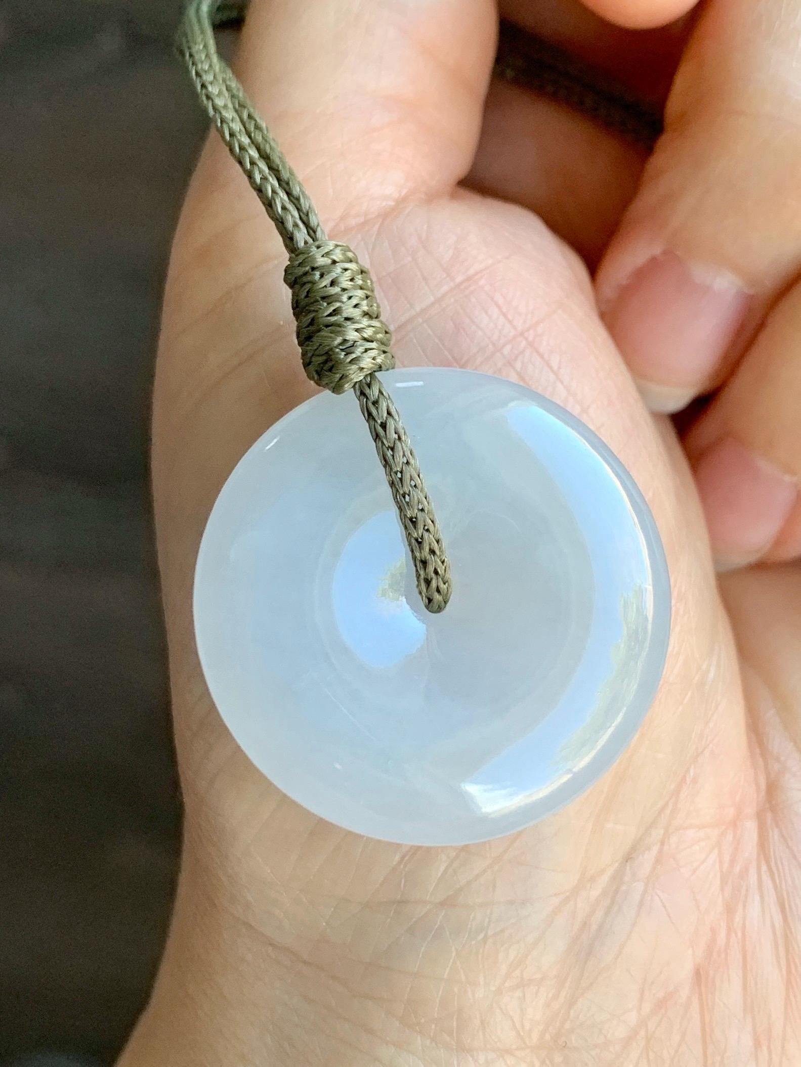 Natural Grade A Icy Translucent Gelatinous White Jadeite Large Ping An Kou Donut Pendant Rope Necklace